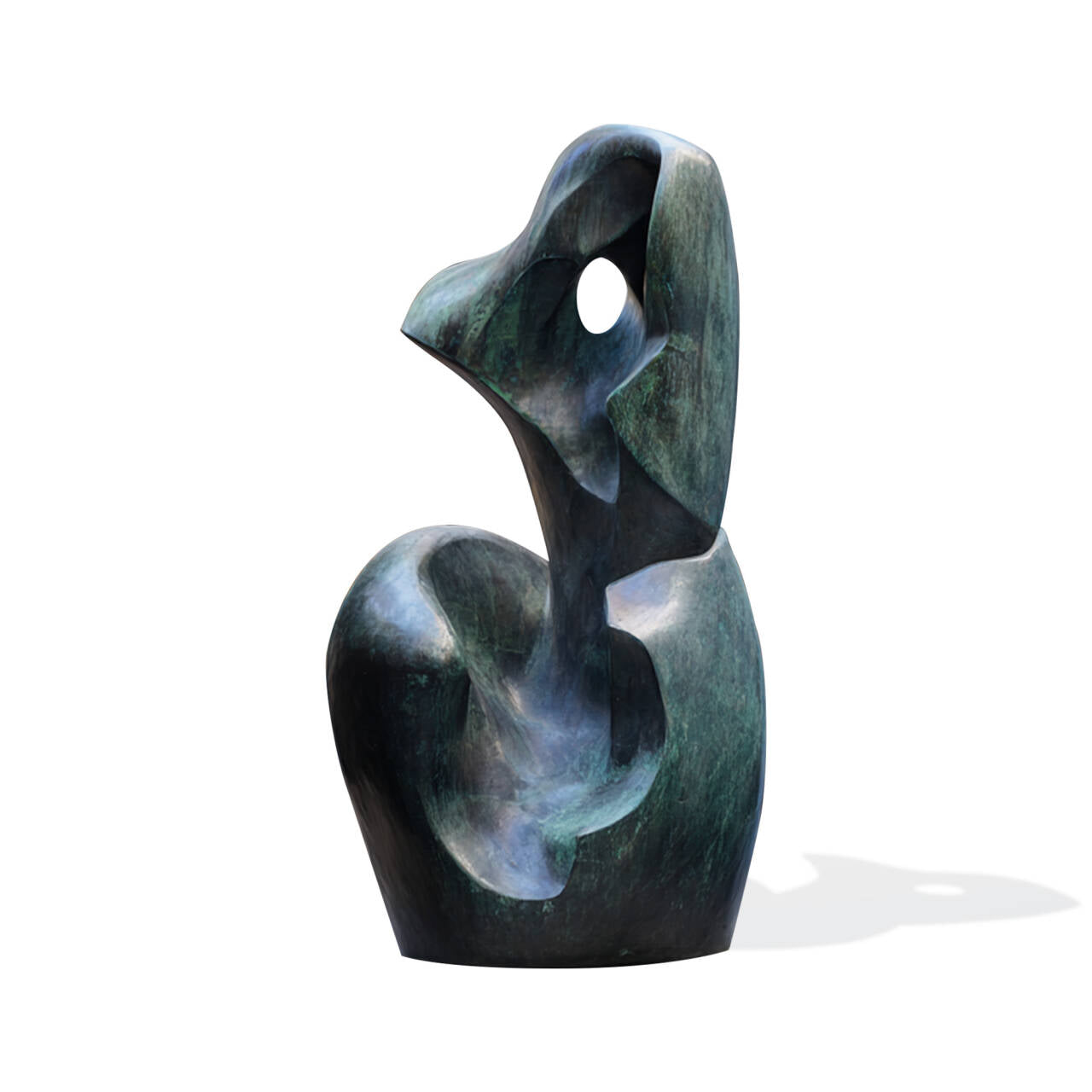 Large verdigris bronze abstract outdoor garden sculpture with a hollow opening and smooth curved form, shown as a single product image on a white background