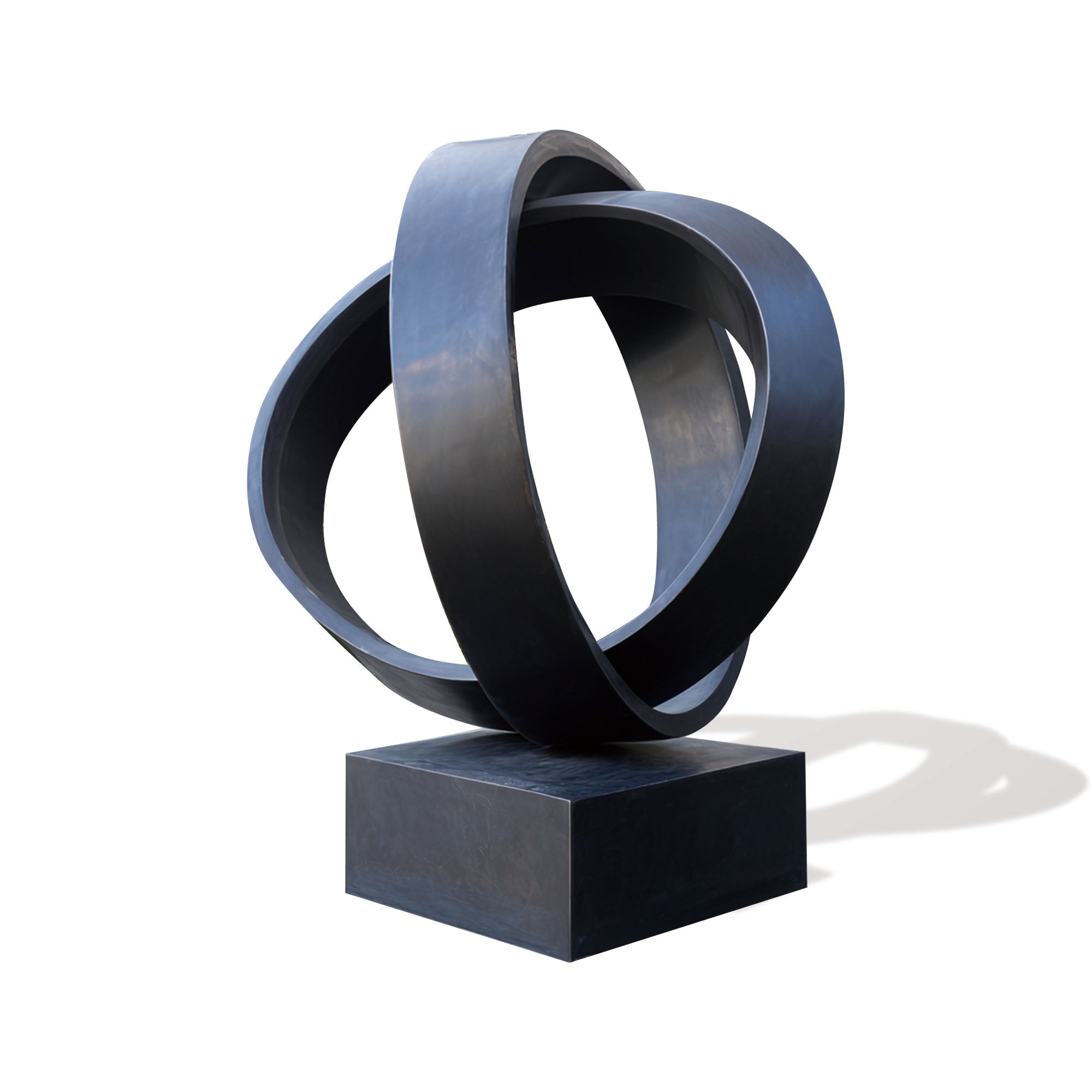 Bronze sculpture with interlocking loops, perfect for a luxury courtyard with green landscaping, perfect for high-end garden or architectural decor