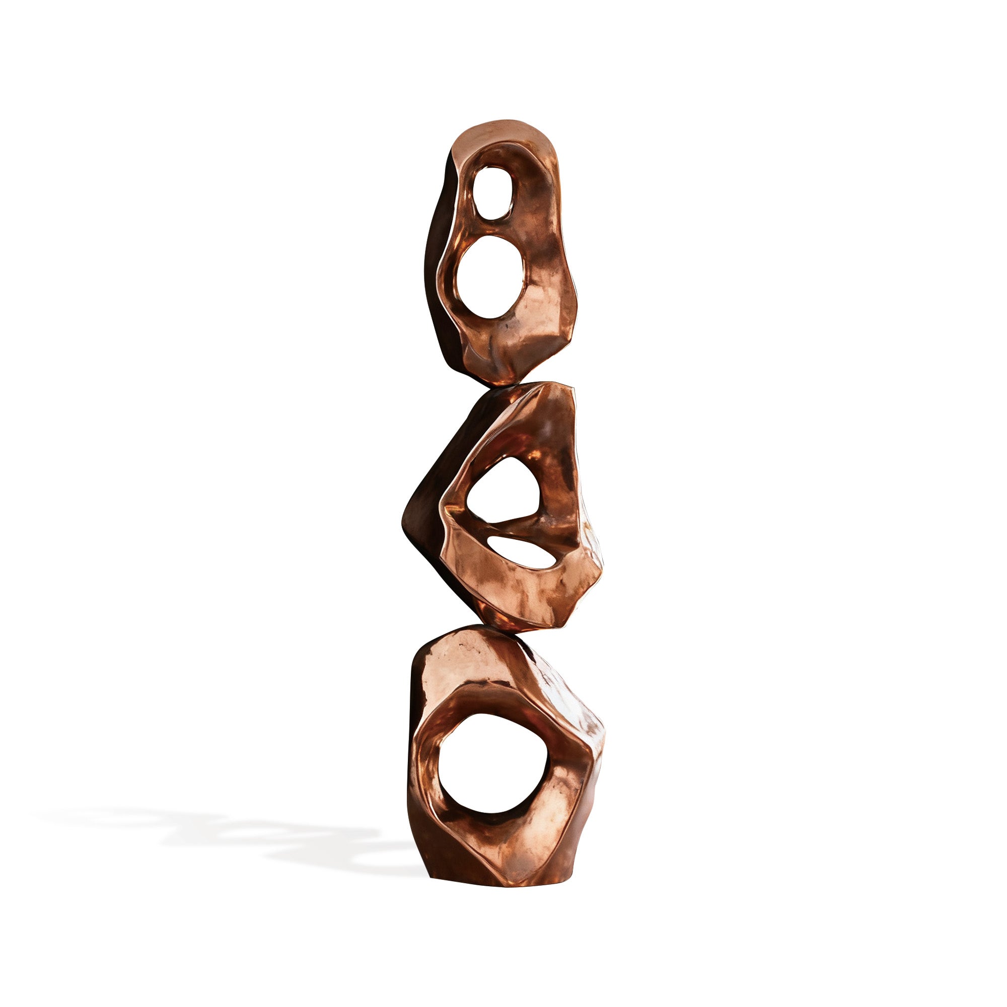 Sleek bronze sculpture featuring stacked abstract geometric forms with hollow centers, ideal for modern interior spaces, luxury home decor, and artistic collections.