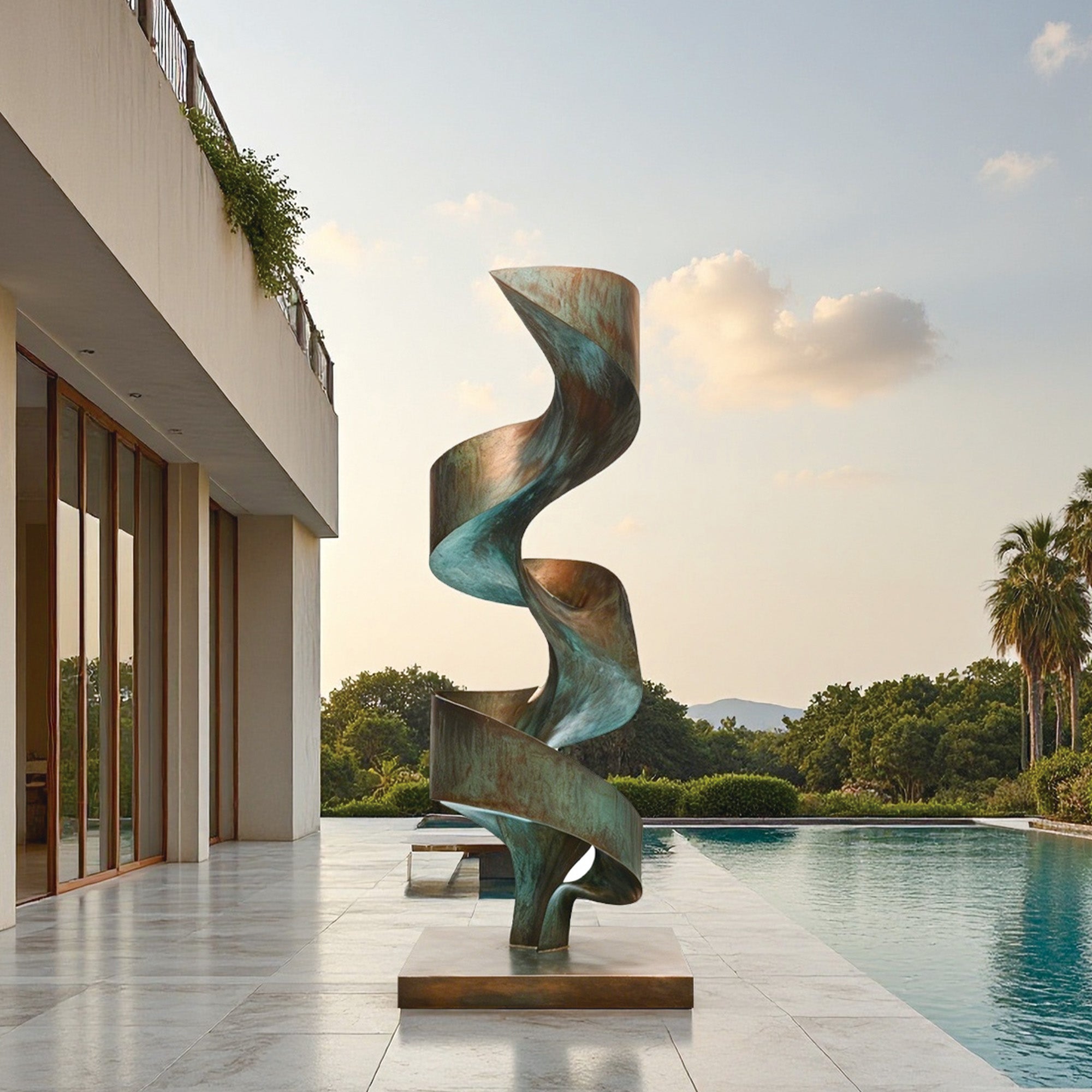 abstract bronze spiral sculpture installed outdoors showing a dynamic twisted form with weather resistant bronze surface