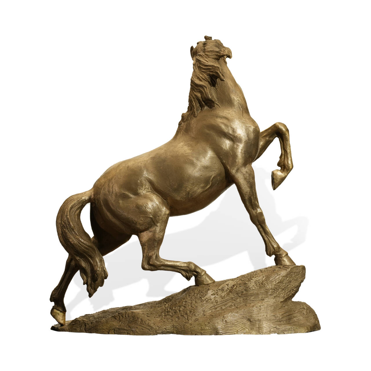 Bronze sculpture of a rearing horse on a white background