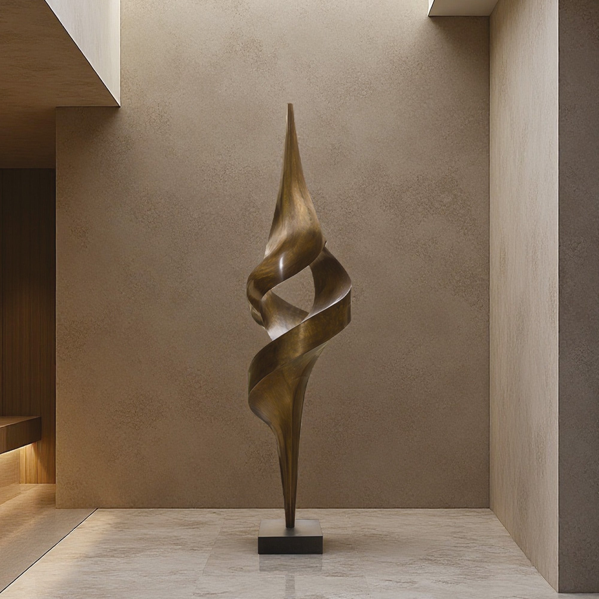 Bronze twisted abstract sculpture with a dynamic spiral design, perfect for modern entryways and contemporary interiors, bringing elegance and movement to any space.