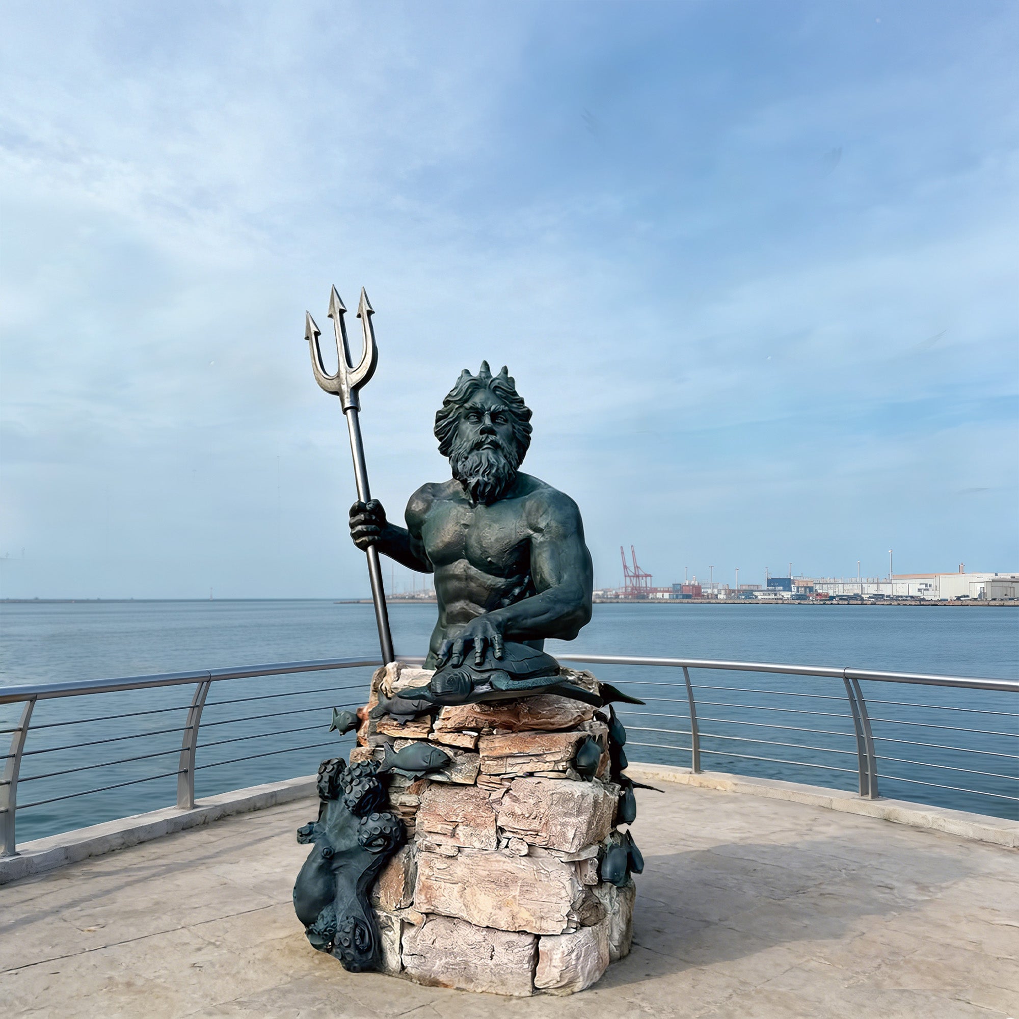 Poseidon bronze and stone sculpture holding a trident by the water with a clear sky.