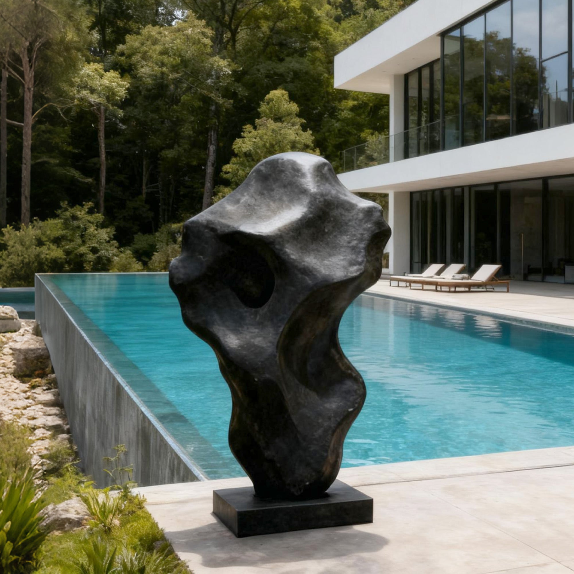Abstract sculpture by a pool with modern house in the background