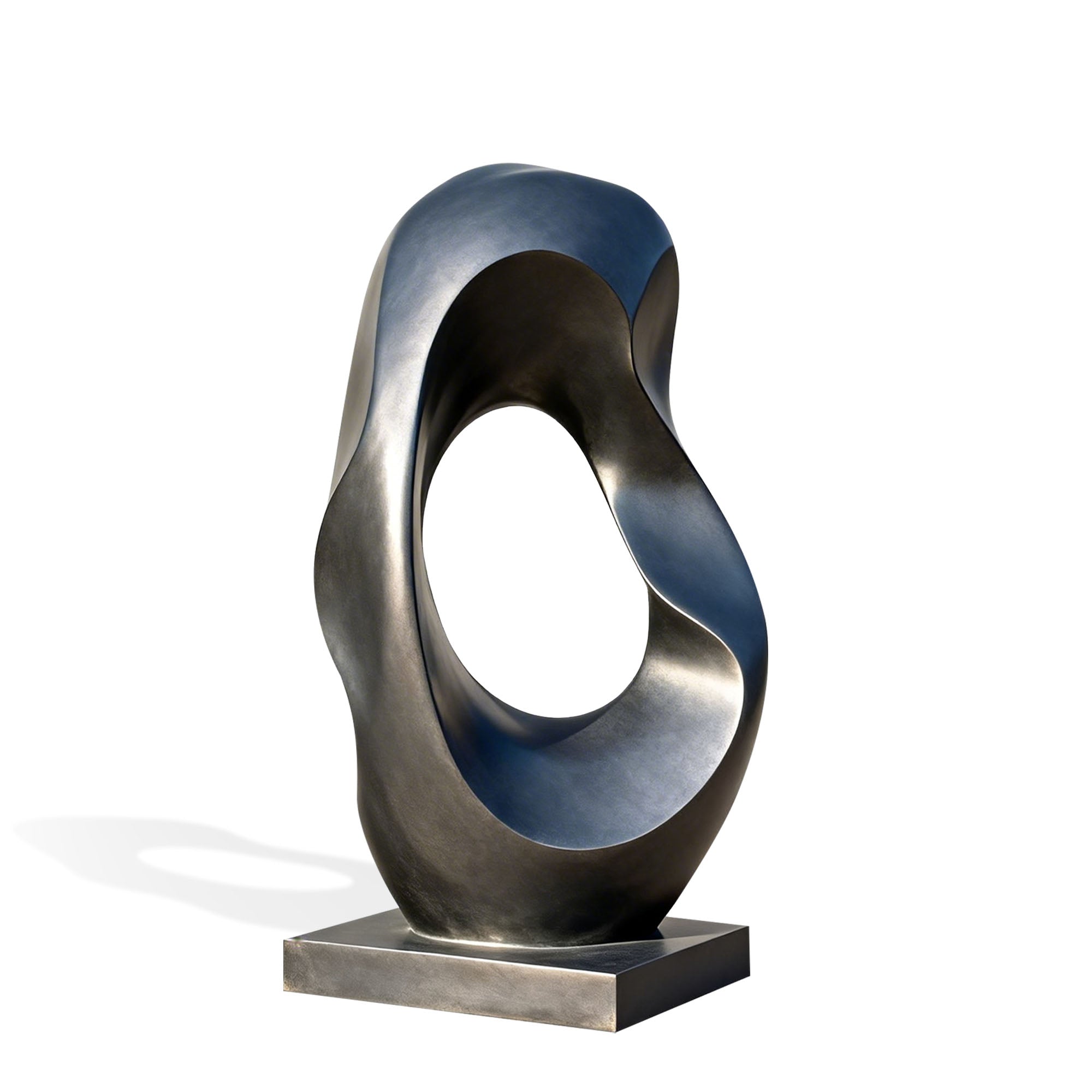 Custom bronze abstract sculpture with smooth, twisted curves and an open oval void in the center, viewed from the front