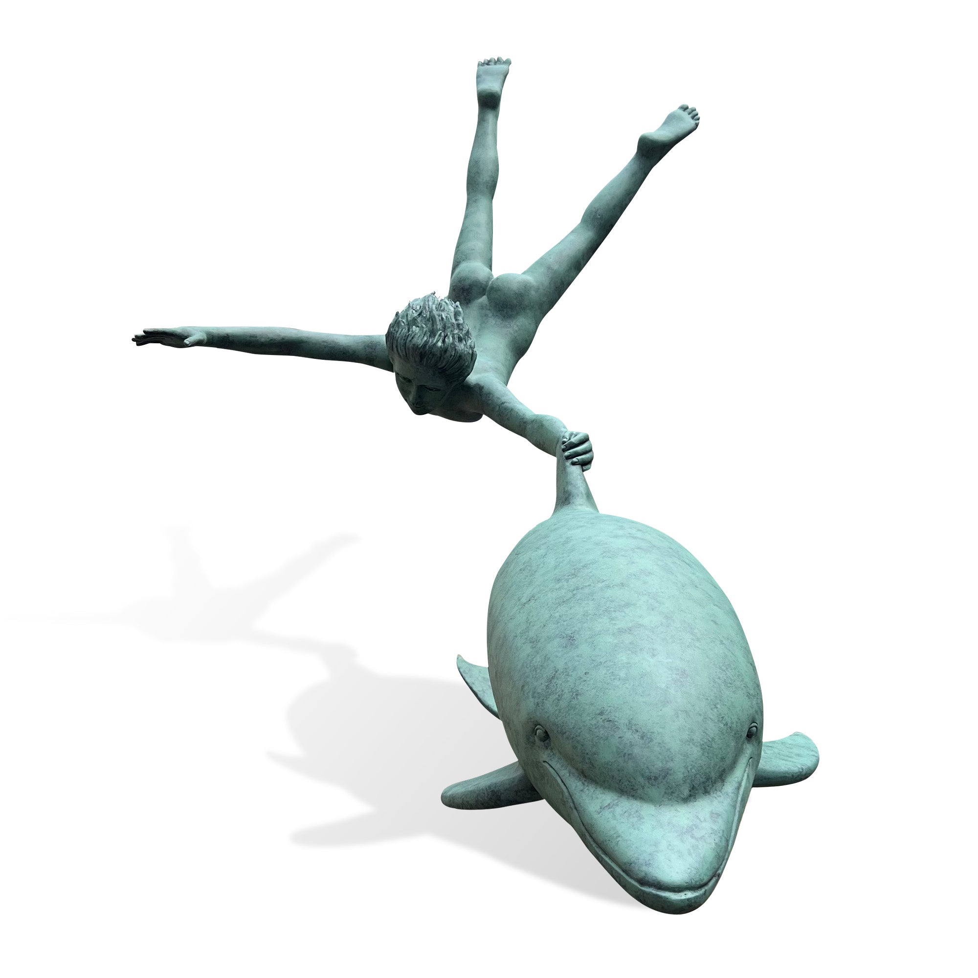Bronze sculpture of a person on top of a dolphin against a white background
