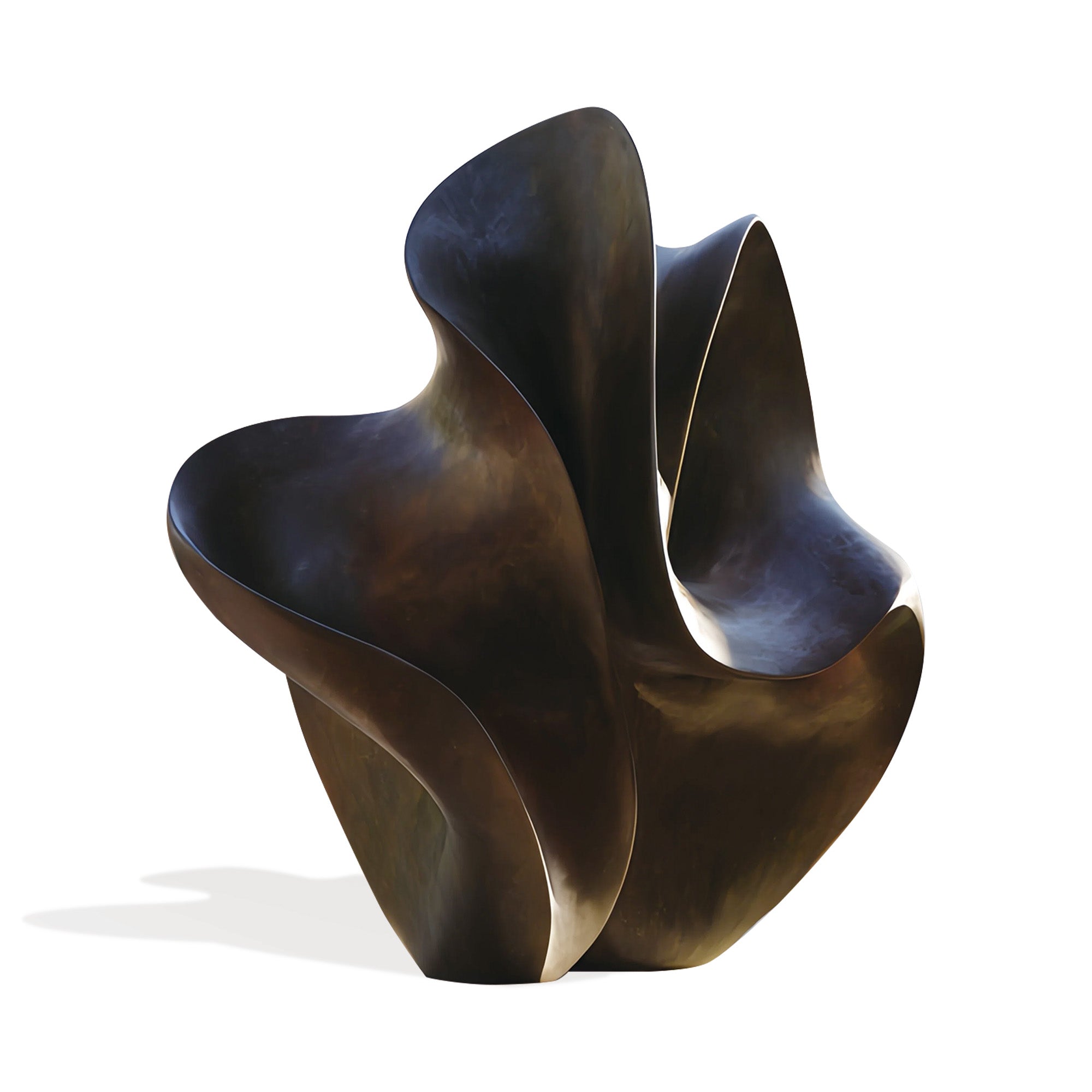 Bronze sculpture with wavy, organic design on a white background