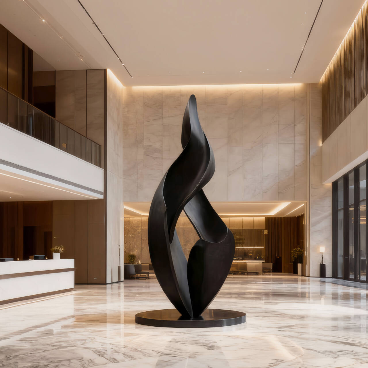 Modern bronze abstract sculpture in a luxurious interior setting with marble floors and high ceilings.