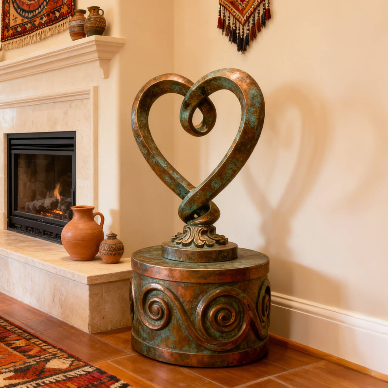 Bronze heart sculpture in a living room with a fireplace