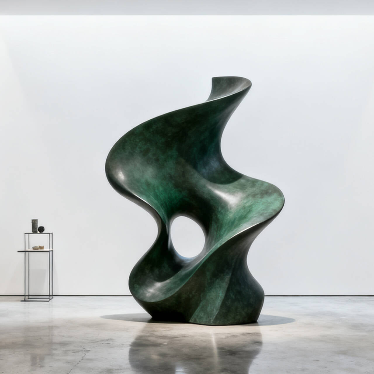 Abstract green sculpture on a reflective surface with a white background