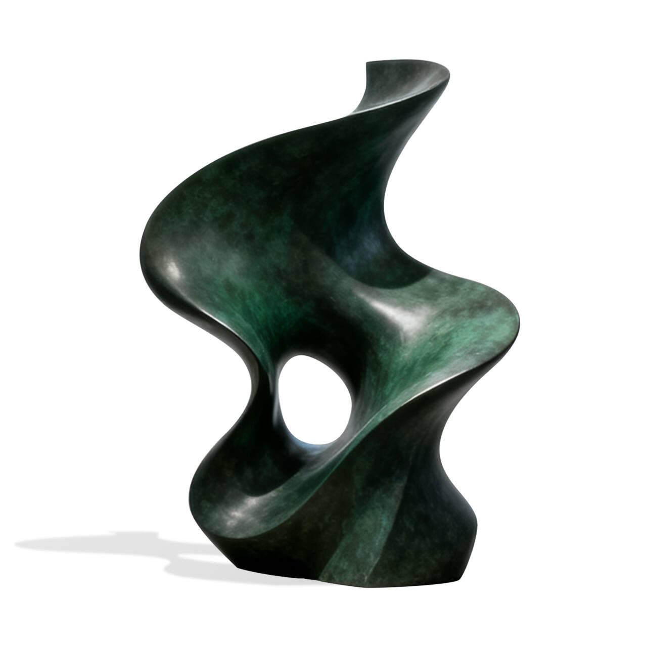 Abstract green bronze sculpture on a white background