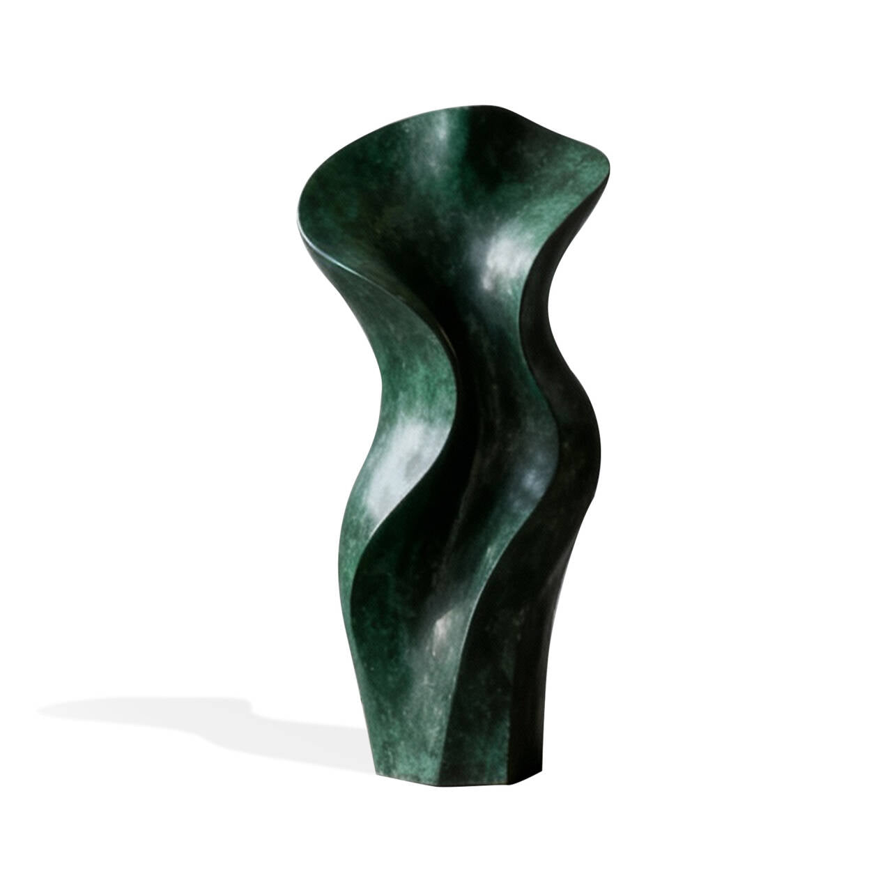 Green bronze sculpture on a white background