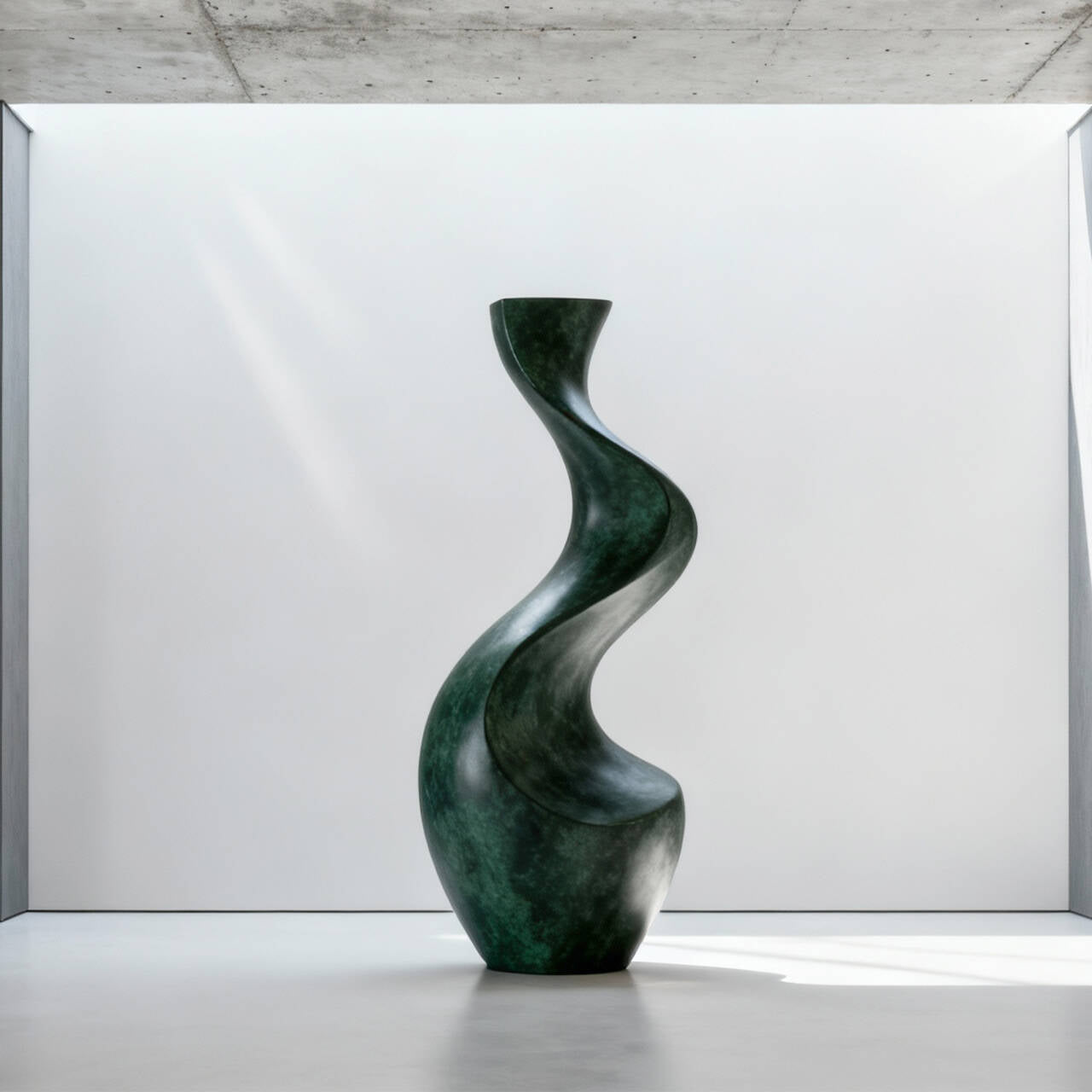 Abstract green sculpture on a white platform with a light gray concrete wall background