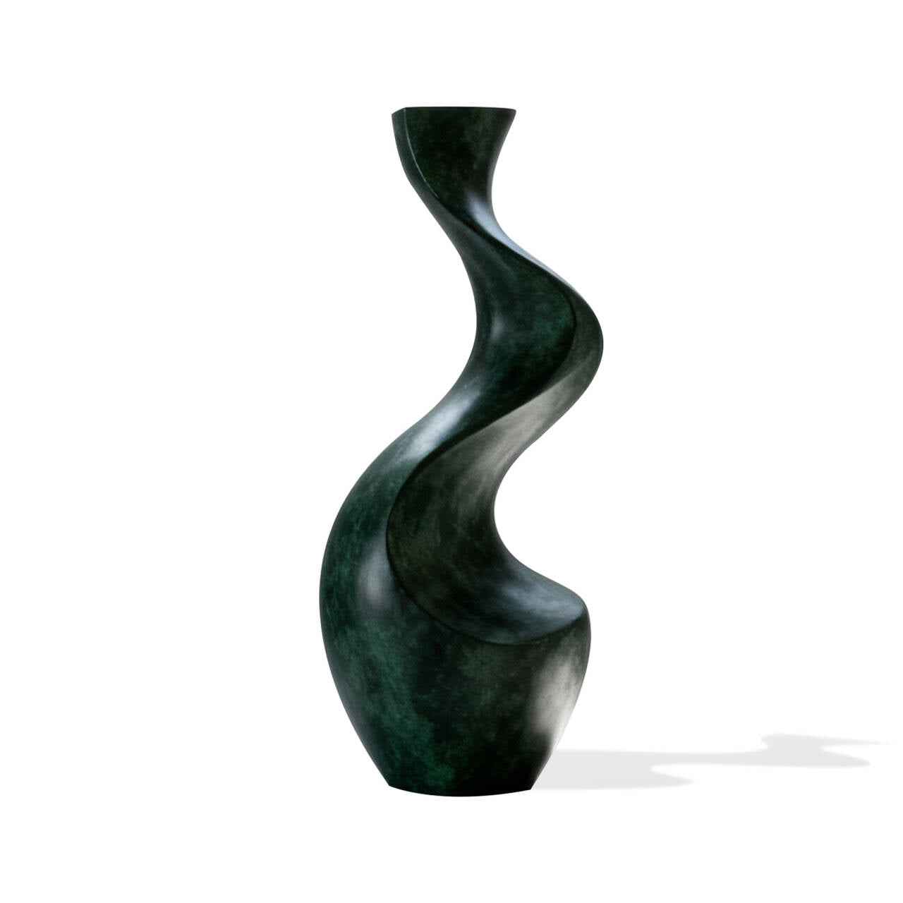 Green marble vase with a wavy design on a white background