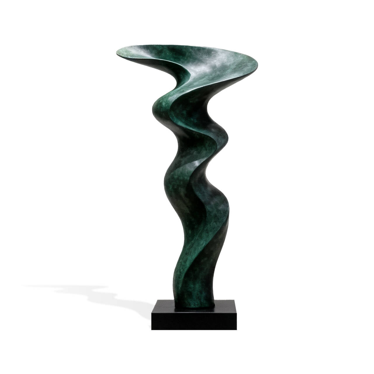 bronze abstract sculpture with black base against a white background