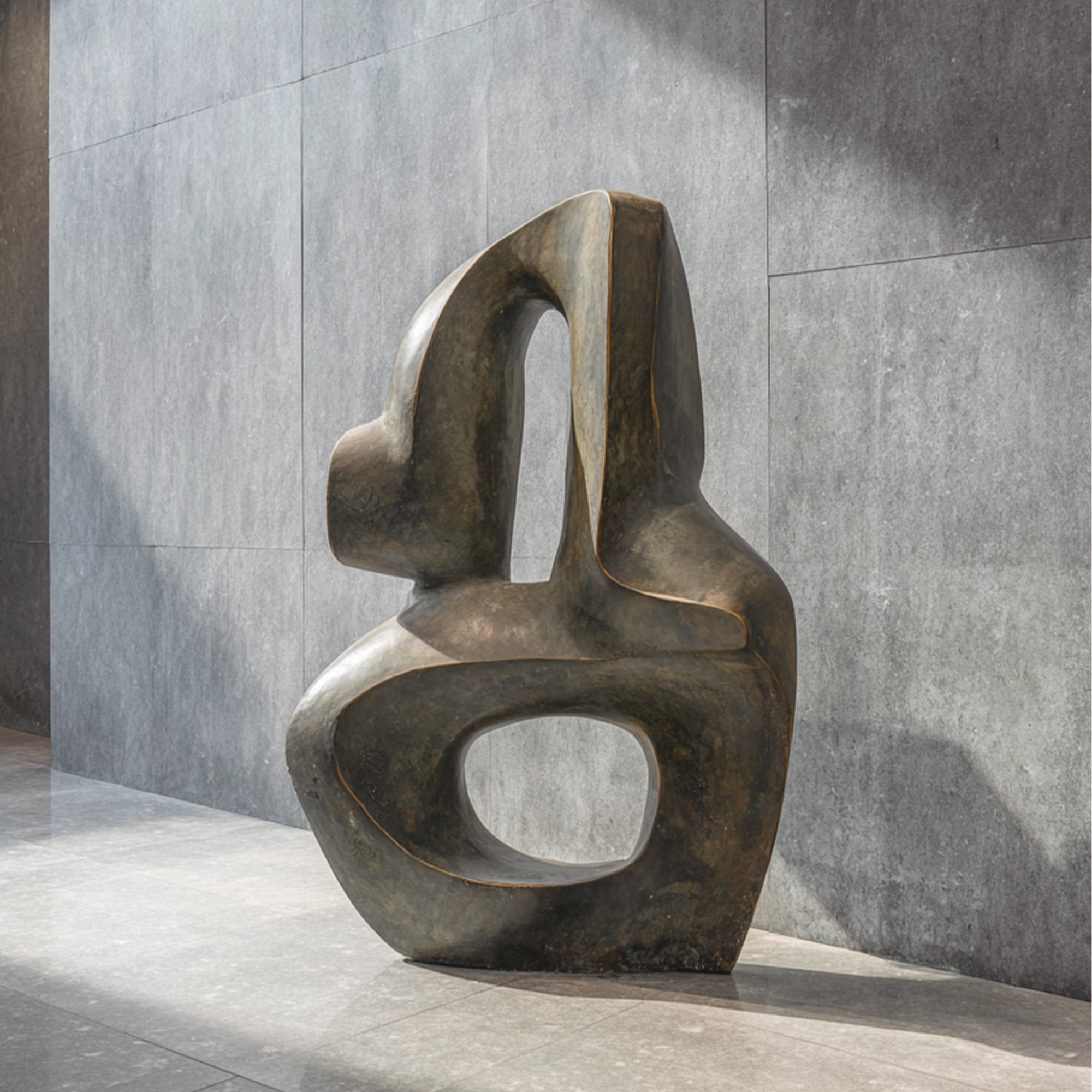 Abstract bronze sculpture against a gray tiled wall