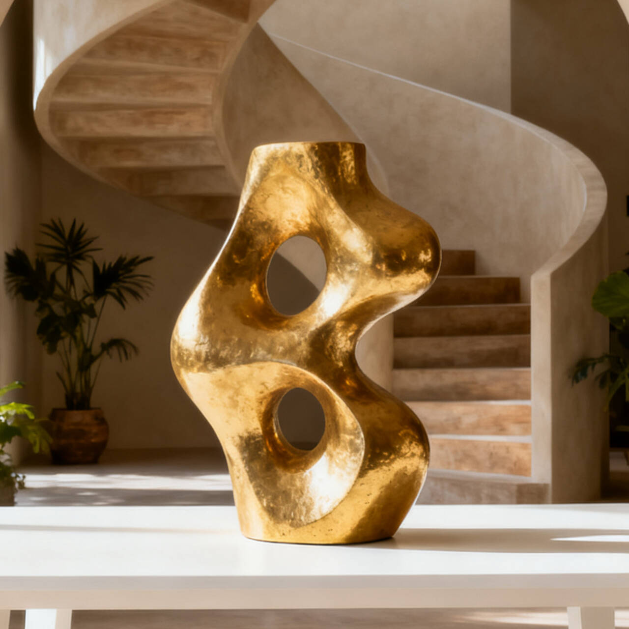 Gold abstract sculpture on a table with a spiral staircase in the background