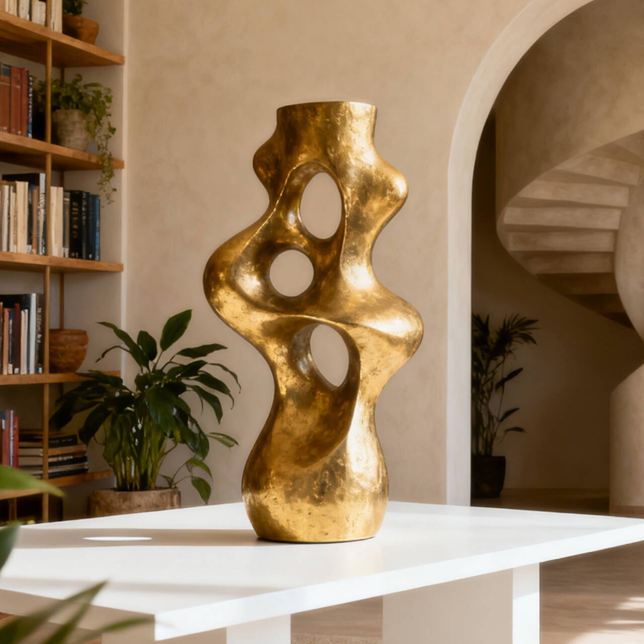 Gold abstract sculpture on a white surface with a bookshelf and plants in the background