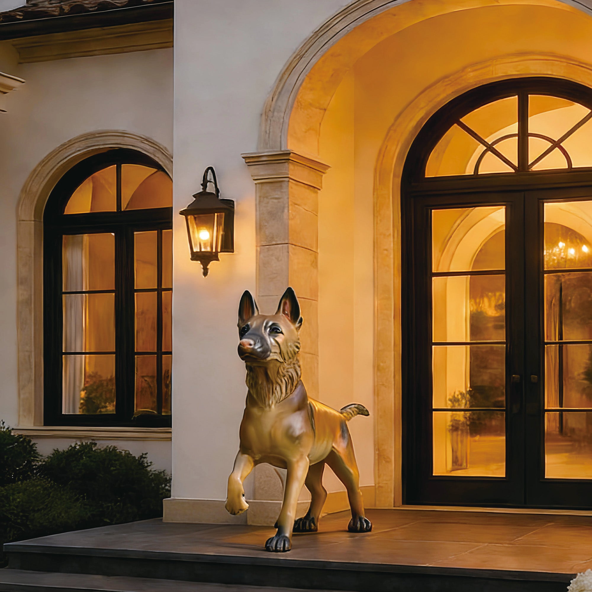 Custom bronze Shepherd dog sculpture placed at a residential entryway with raised front paw and warm brown bronze finish