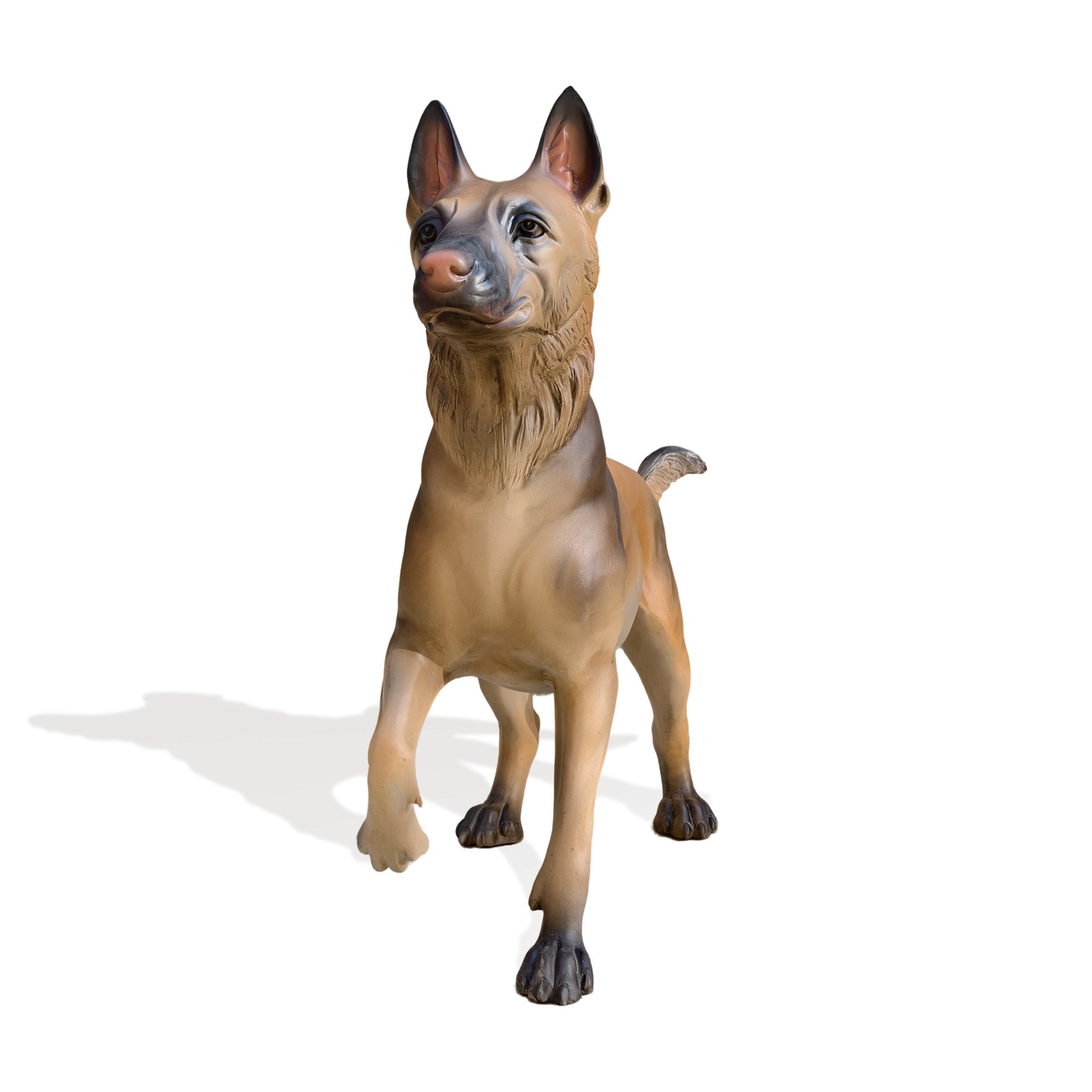Custom bronze Shepherd dog sculpture in front view with upright ears, detailed face, and raised front leg