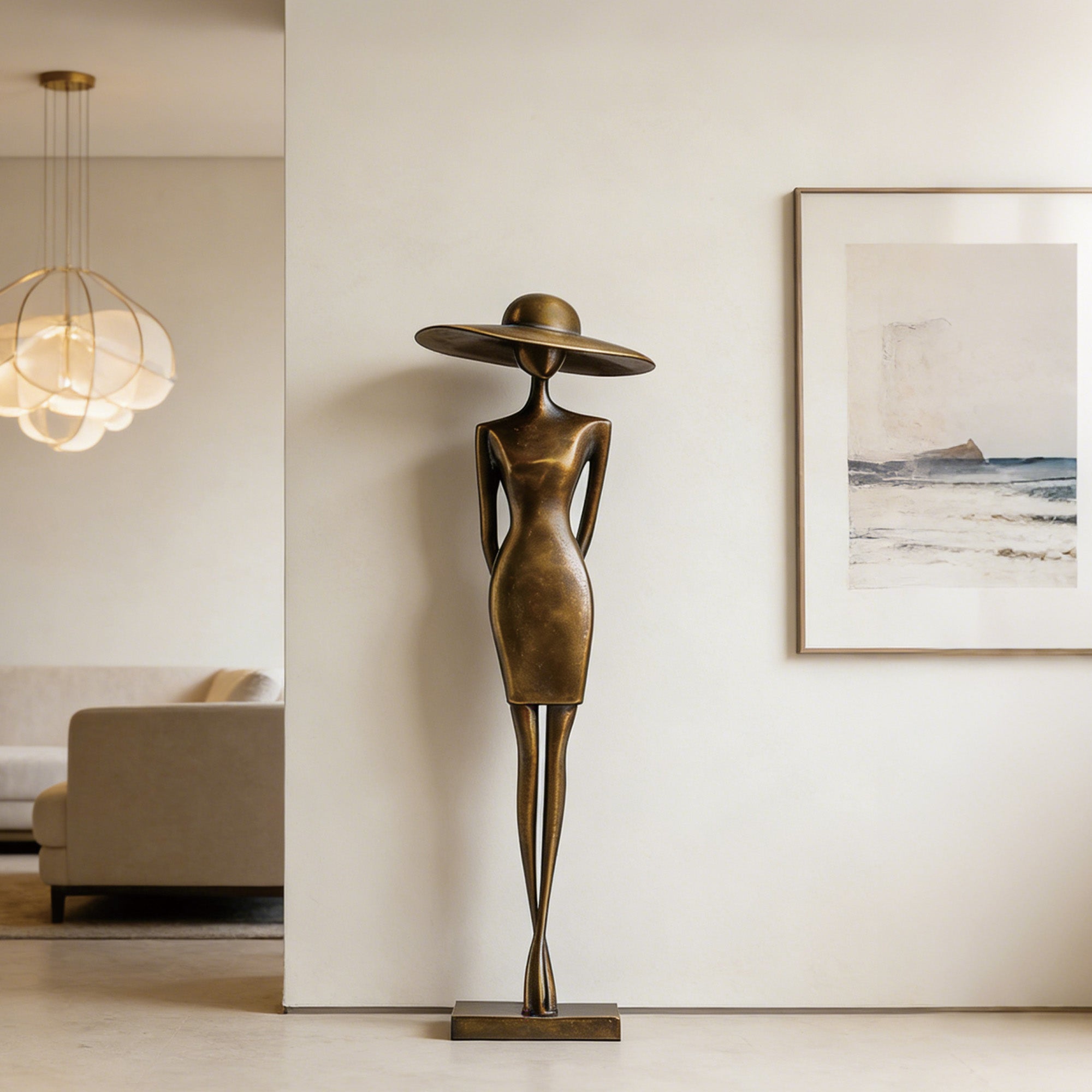 modern bronze woman sculpture with hat displayed in living room interior, contemporary slender female floor statue
