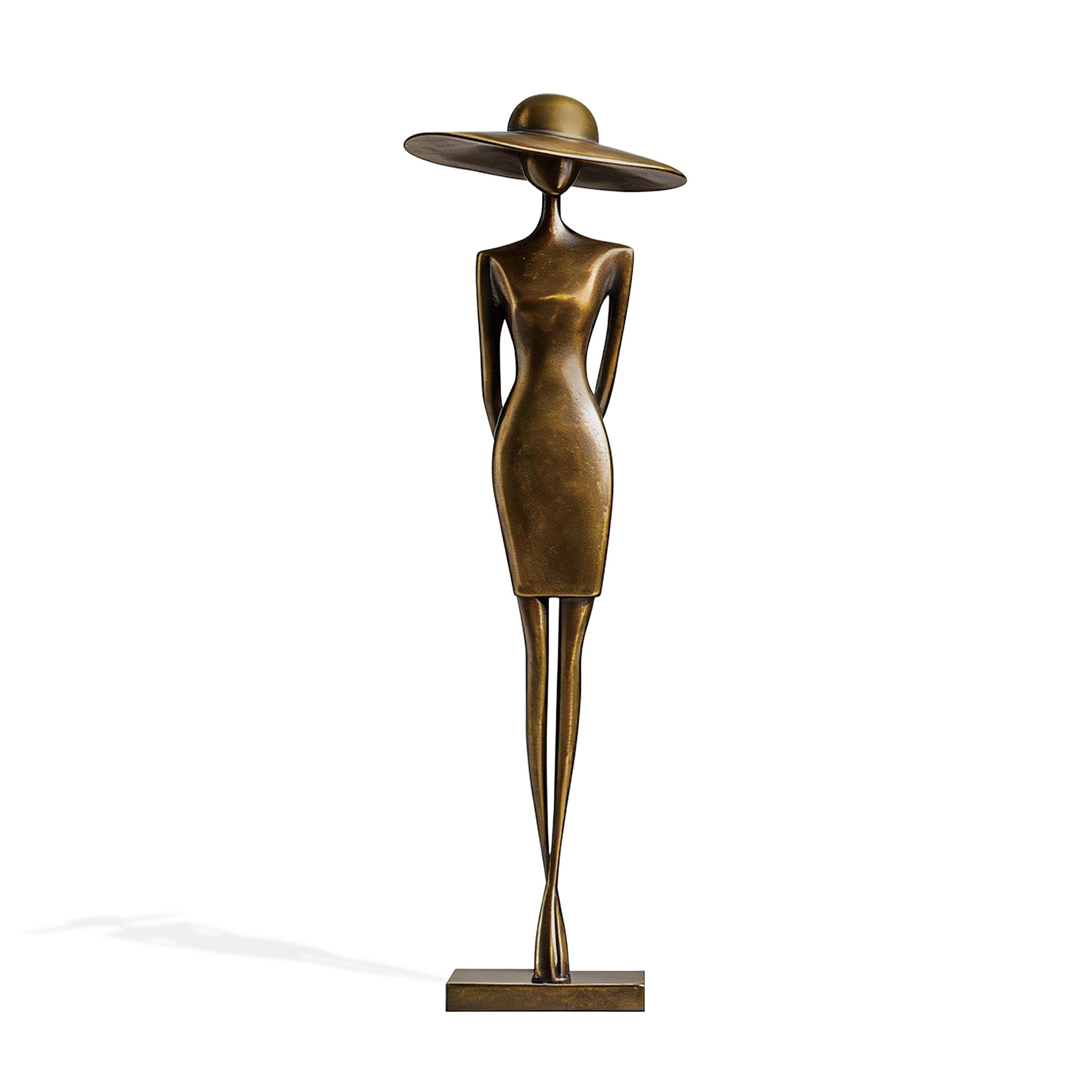 abstract bronze lady sculpture with wide brim hat standing on base, modern elegant female floor statue