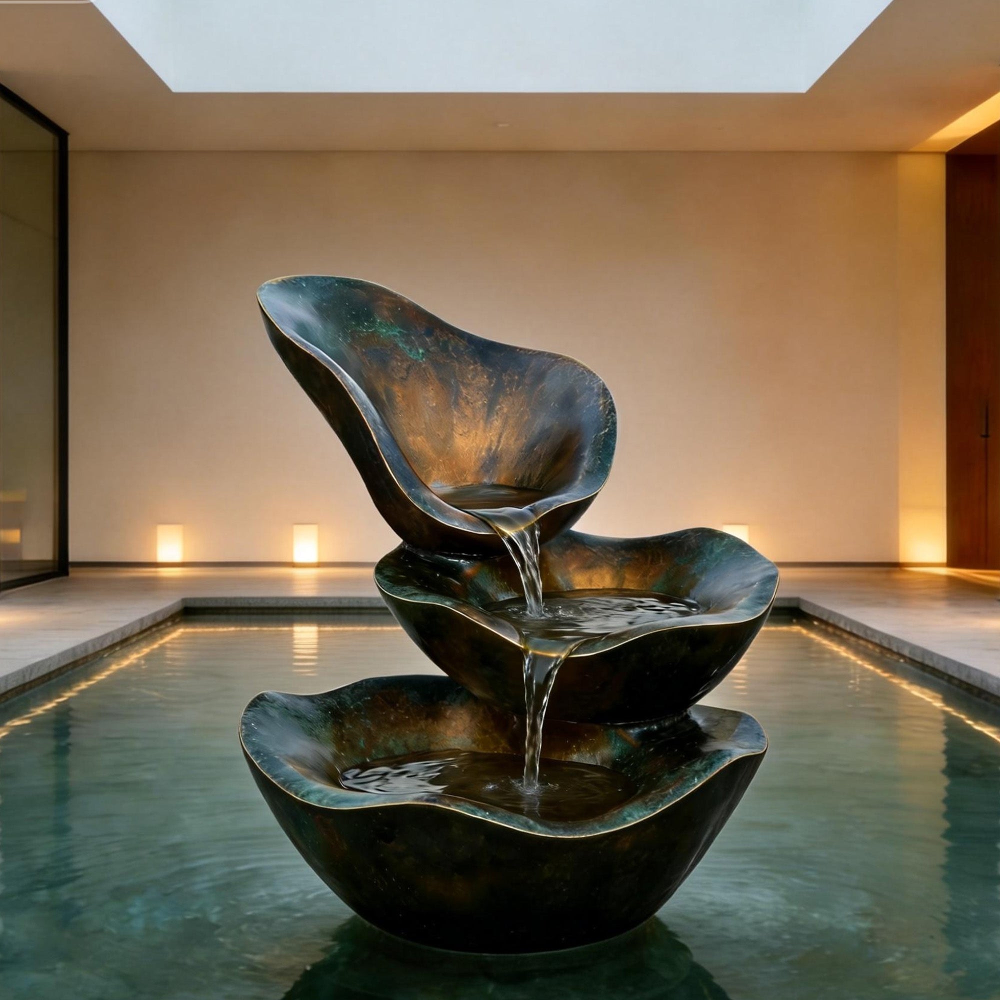Decorative bronze water fountain in a modern indoor setting with warm lighting