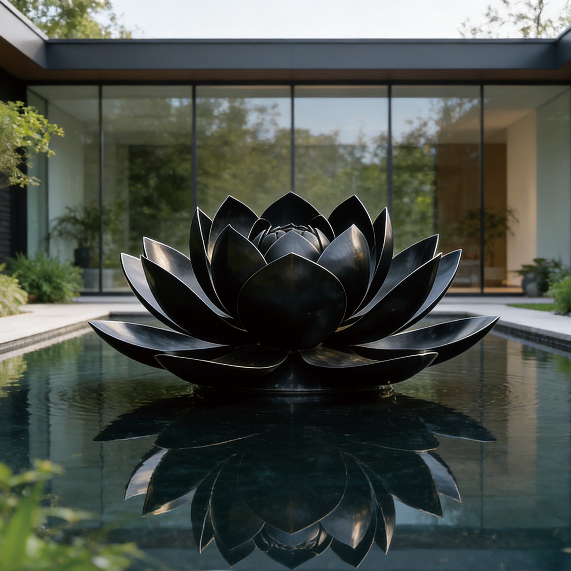Black metal lotus sculpture in a pool with modern house in the background