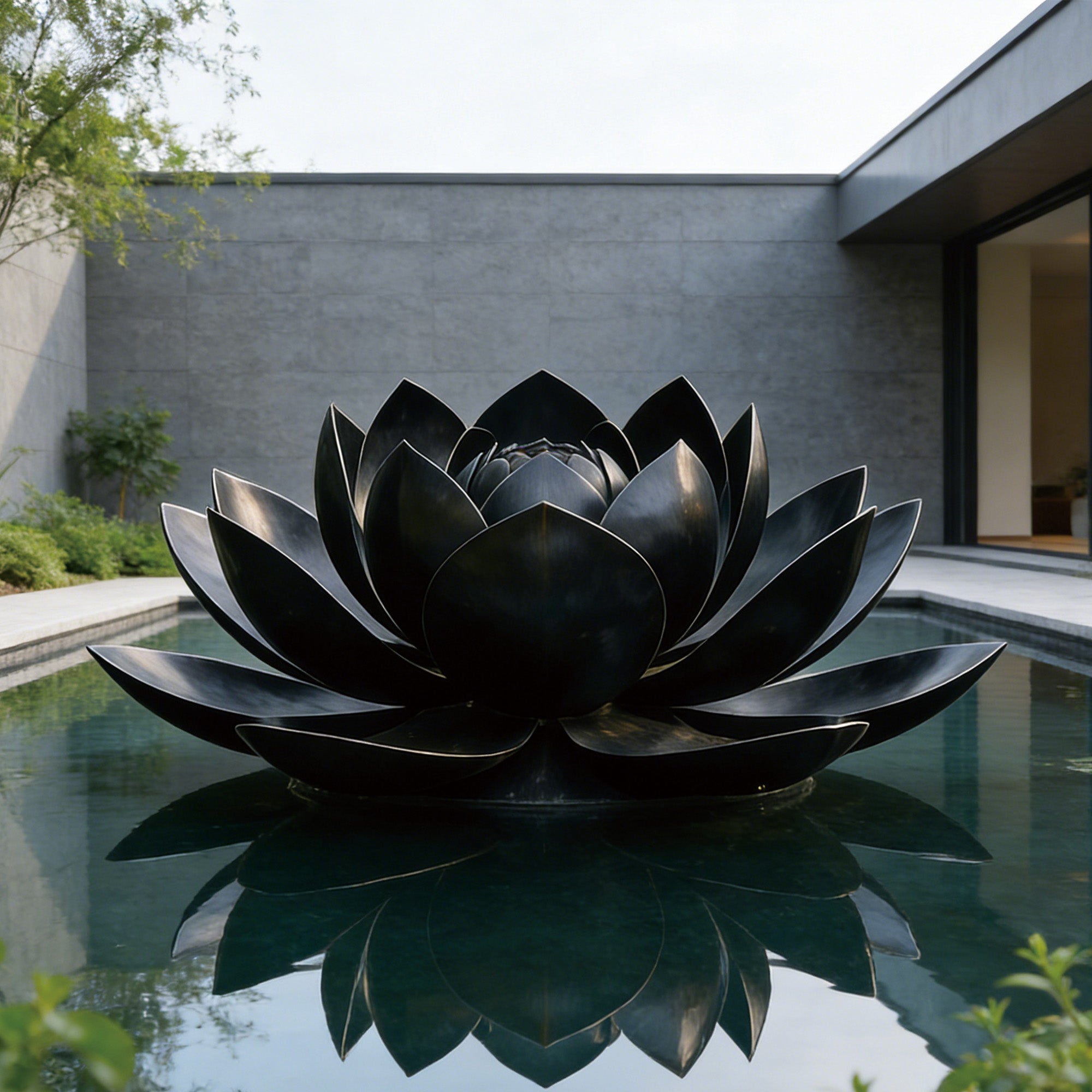 Large black metal lotus sculpture in a pool with modern building in the background