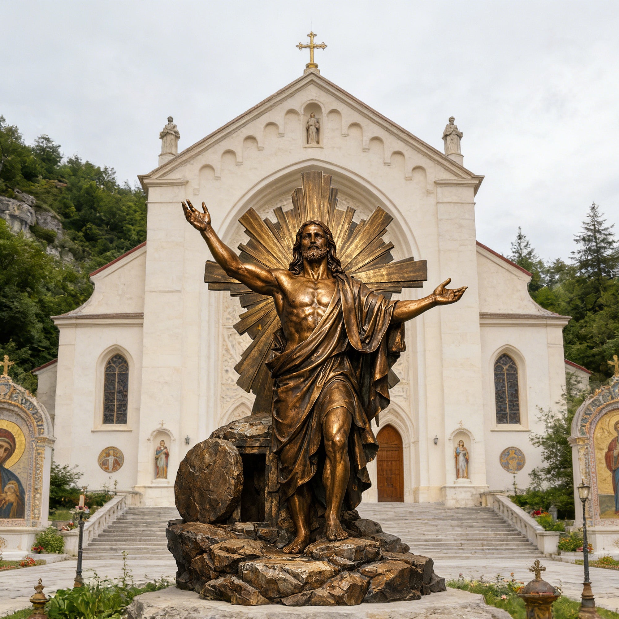 Bronze statue of a religious figure in front of a church with a cross on the roof.