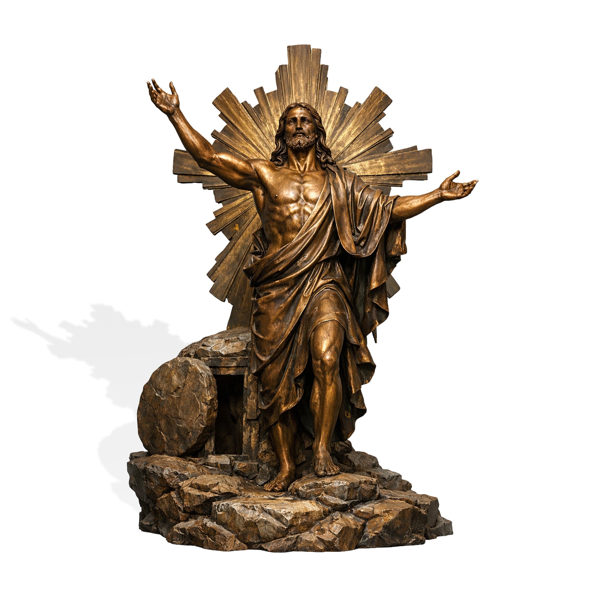 Bronze statue of a religious figure with a radiant halo on a white background