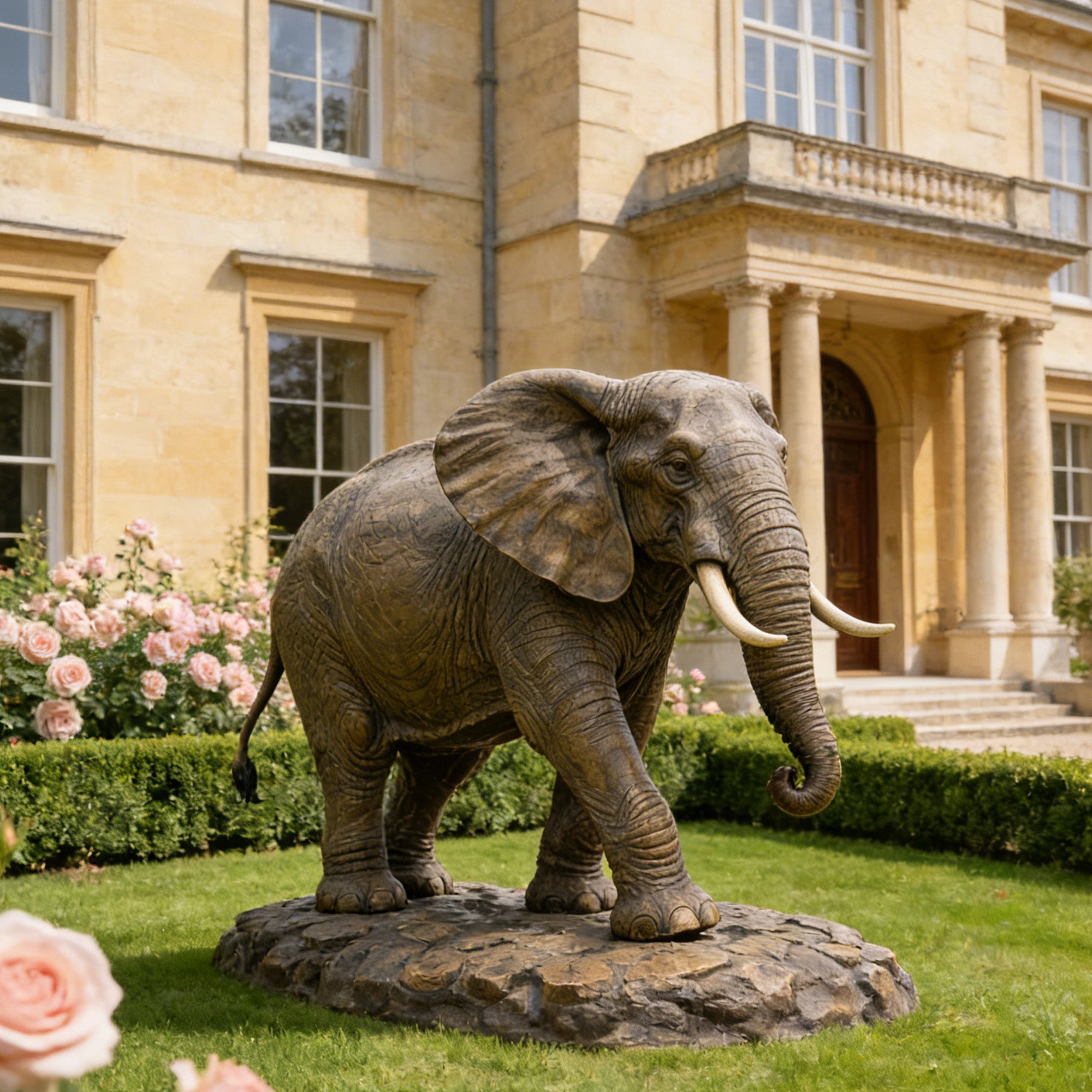 Bronze elephant statue in front of a large house with flowers and greenery.
