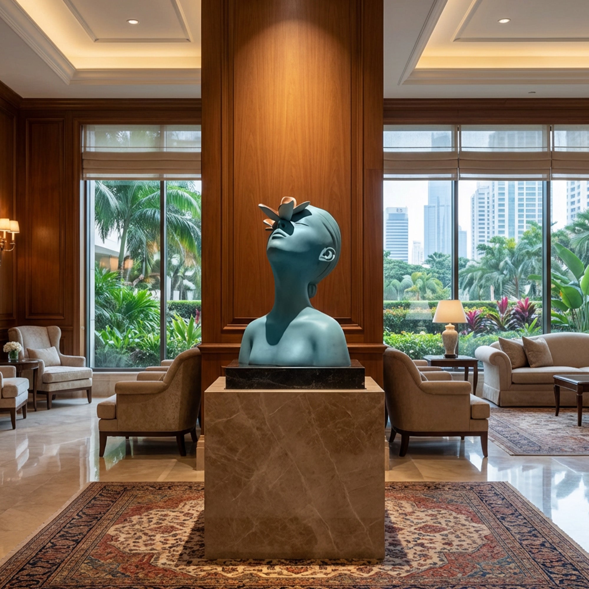 Luxury hotel lobby with a sculpture on a pedestal, large windows, and seating area.