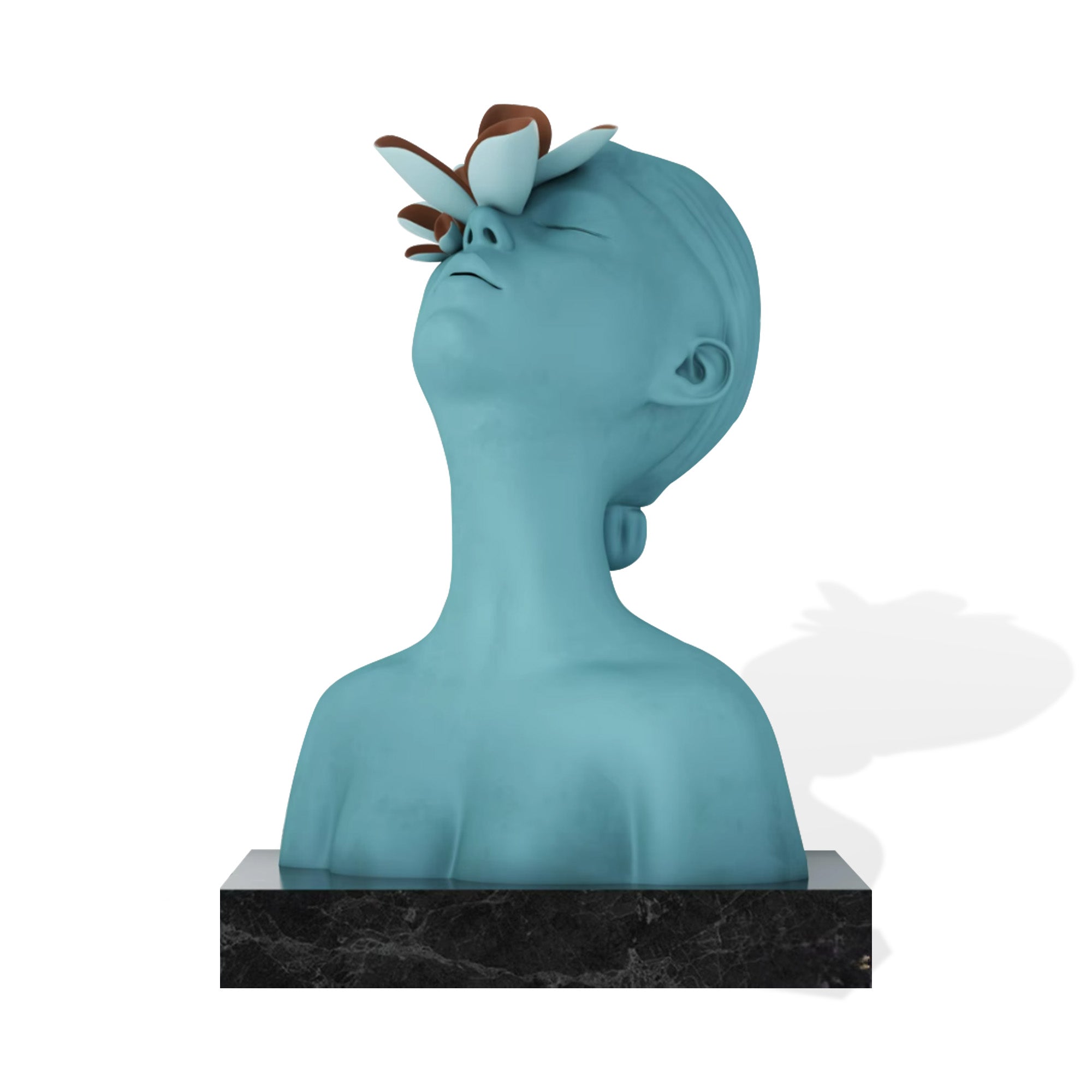 Blue ceramic bust with a butterfly on a white background
