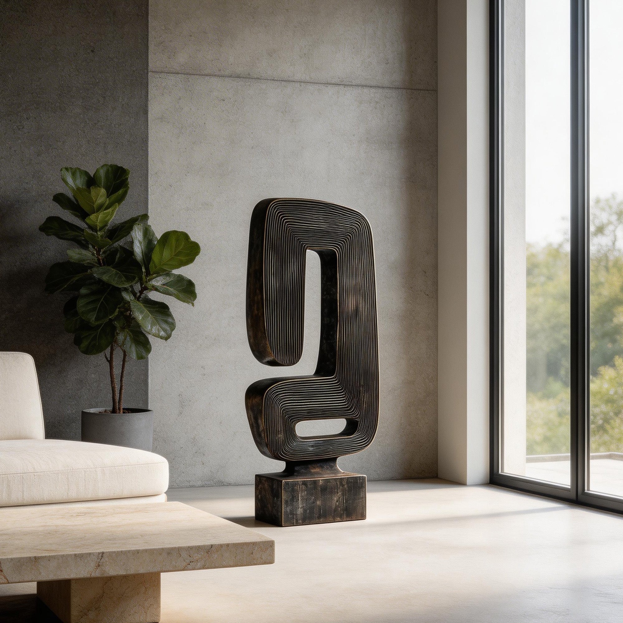 Modern interior with a bronze sculpture on a table, a plant, and a window.