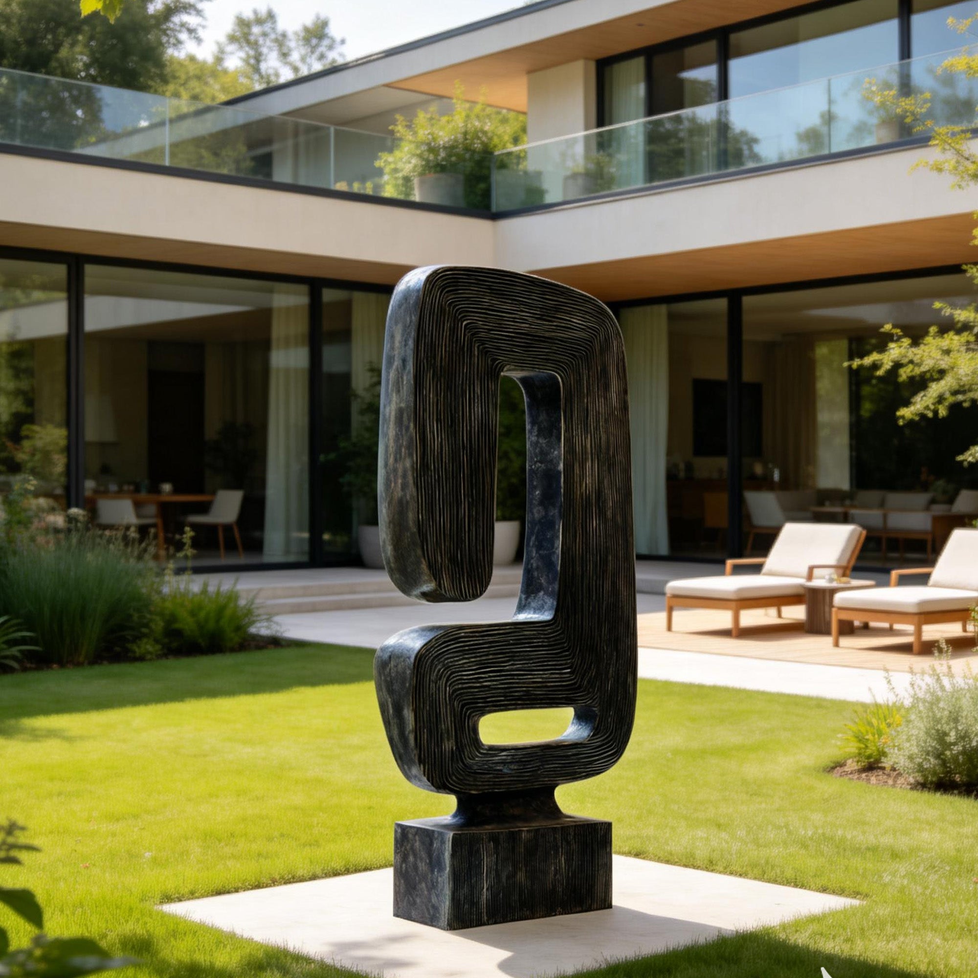 Abstract sculpture in a modern garden setting with a house in the background