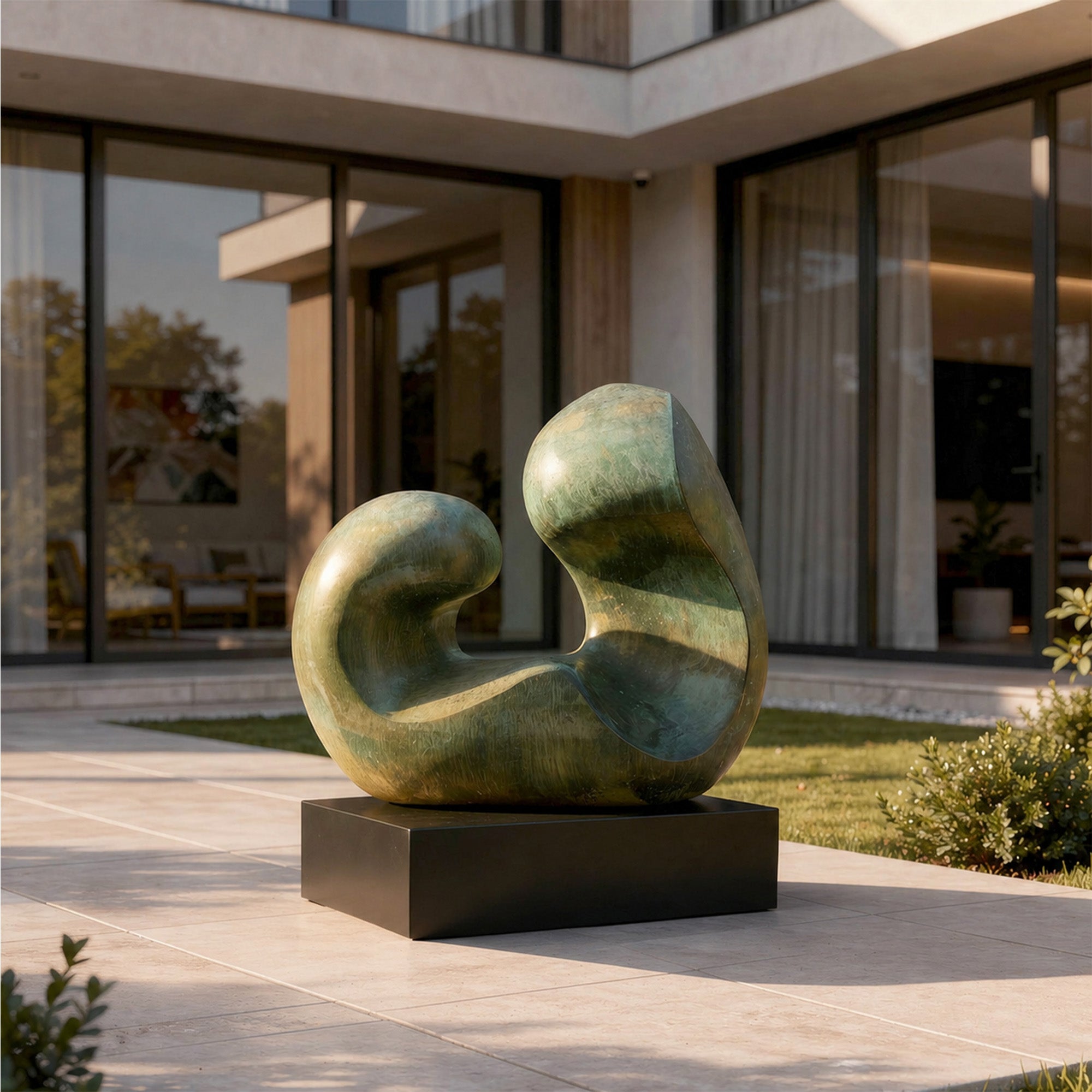 Abstract bronze sculpture in front of a modern house