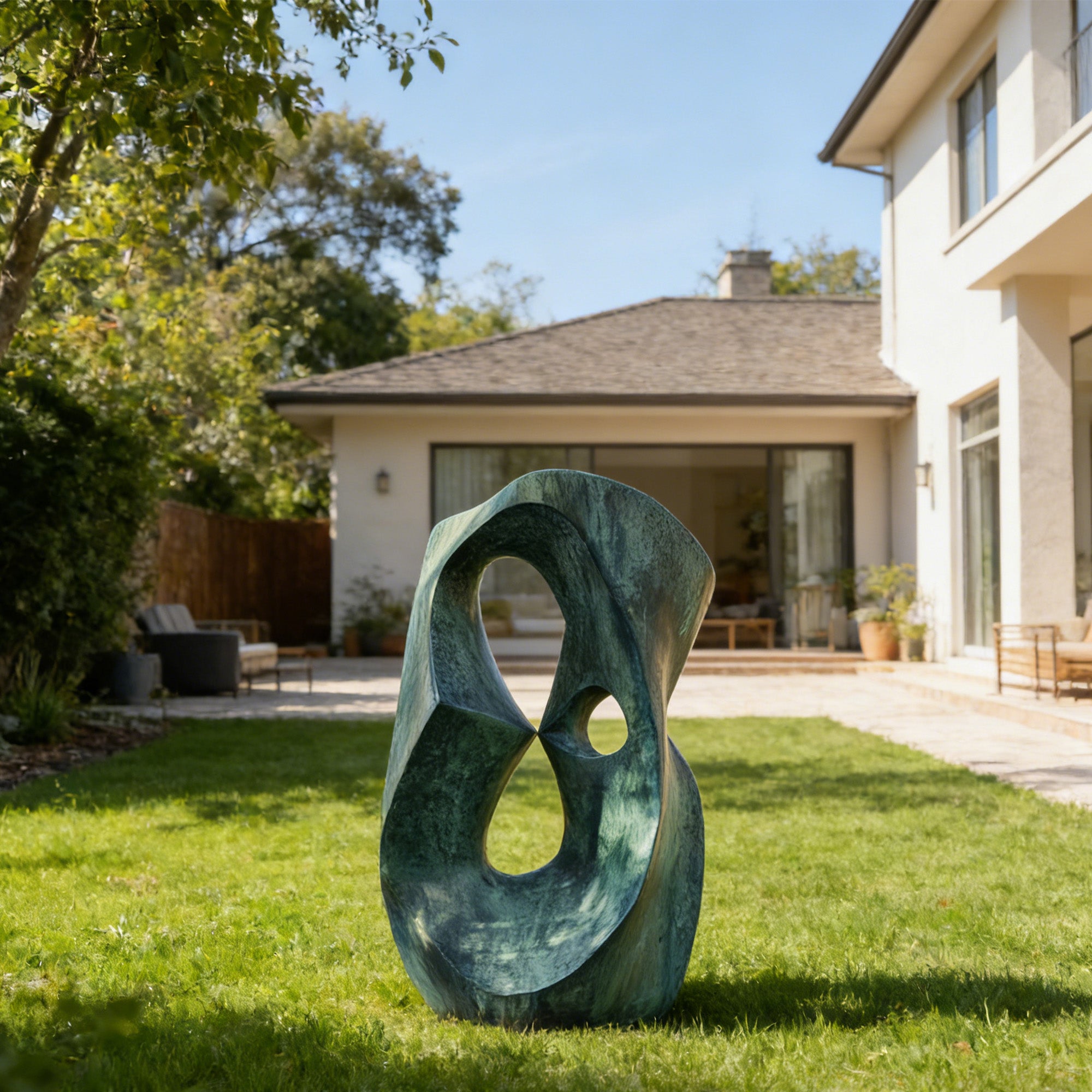 Abstract sculpture on grass in front of a house