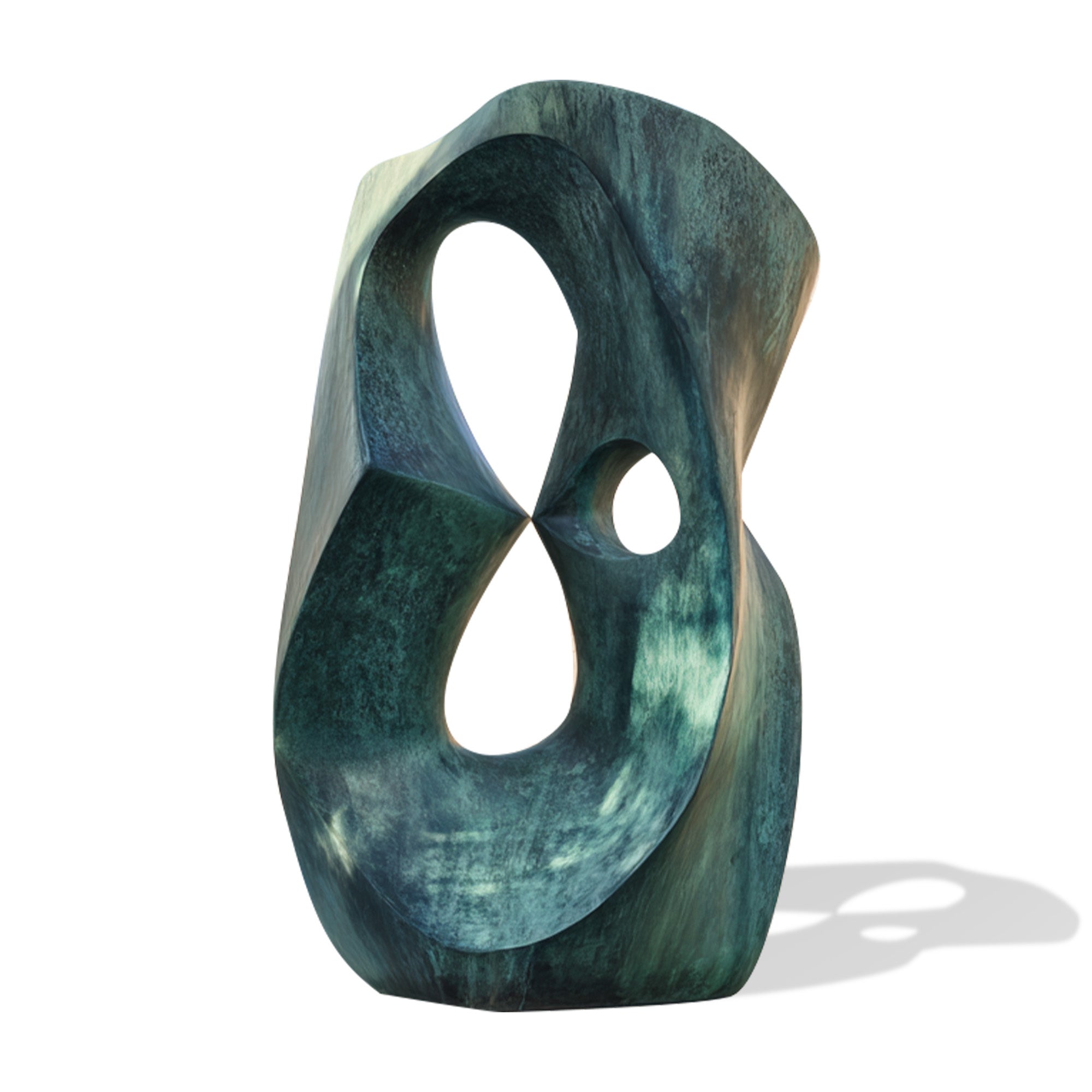 Abstract green bronze sculpture on a white background