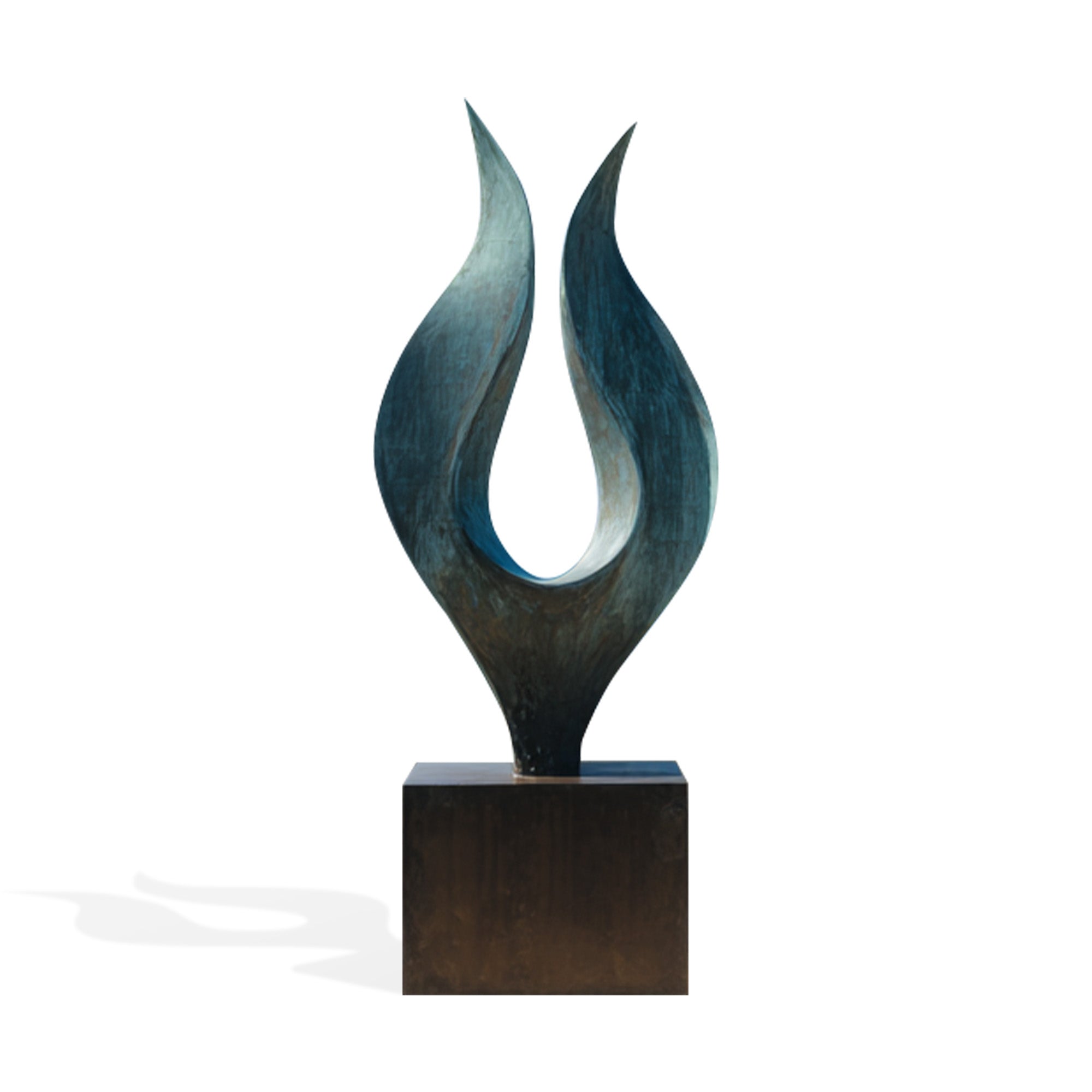 Abstract sculpture with wavy design on a white background