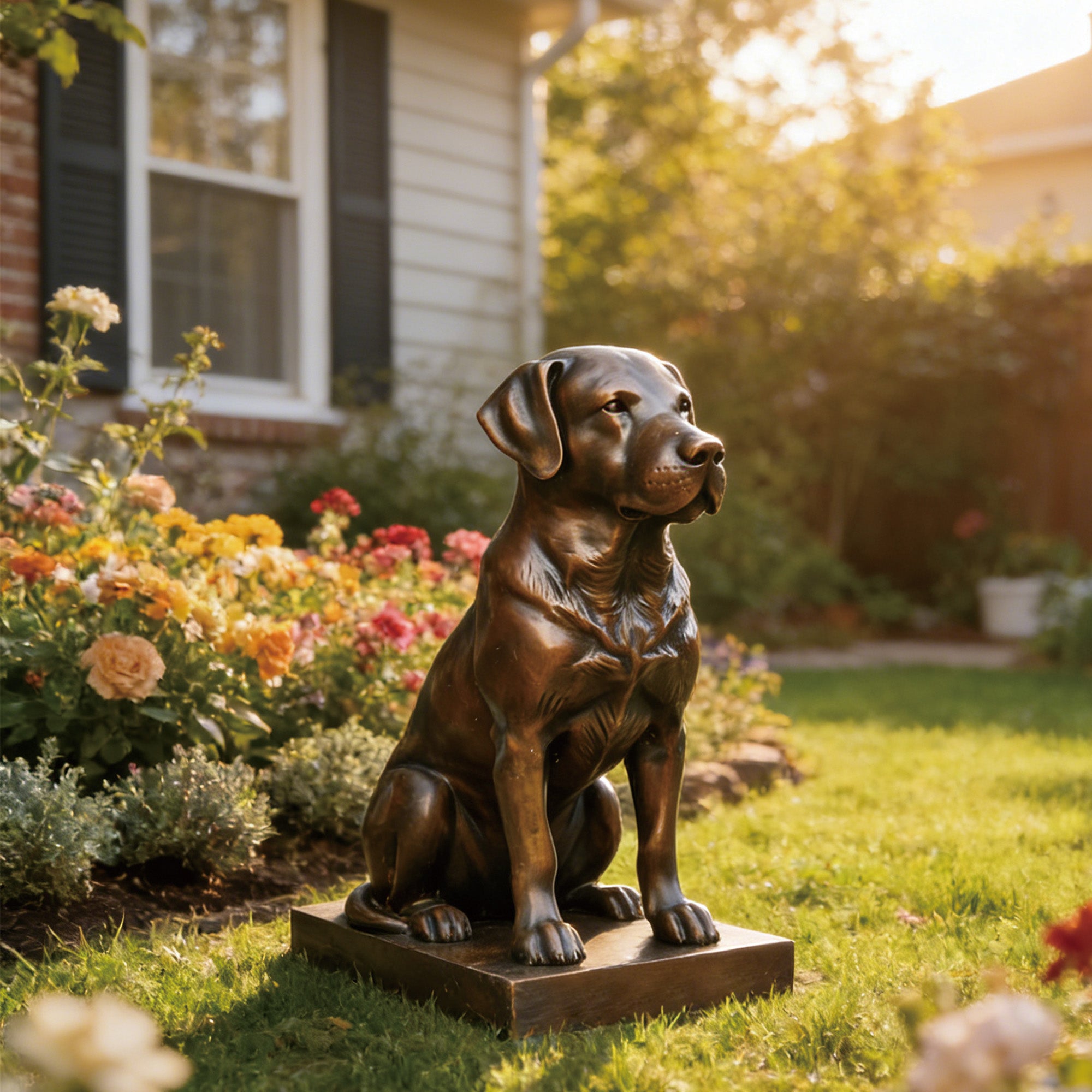 Bronze Labrador dog statue displayed in a home garden with flowers for outdoor landscape patio and pet memorial decoration