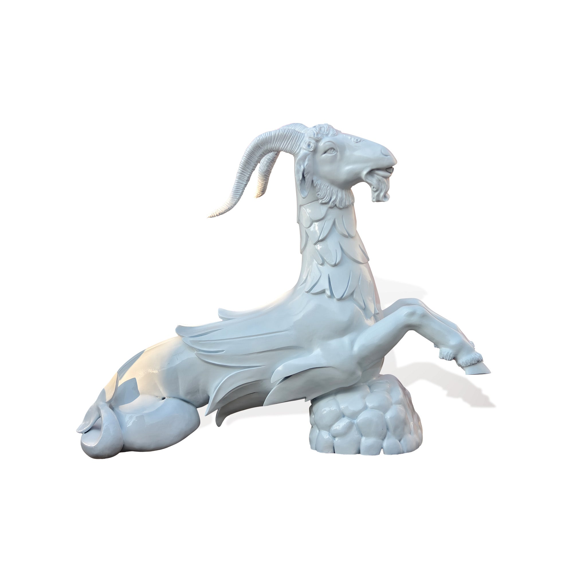 Back view of Capricorn sea goat fountain statue with detailed curved horns fish tail and scale-like body carving for custom water feature decor