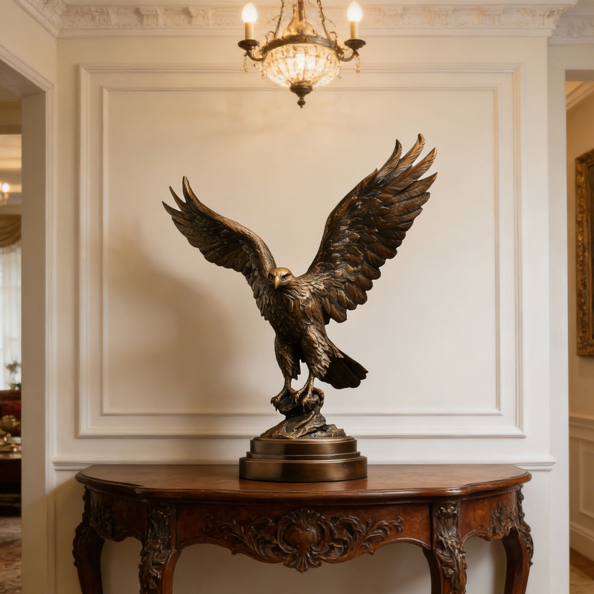 Bronze eagle statue on a wooden table against a wall with decorative molding.