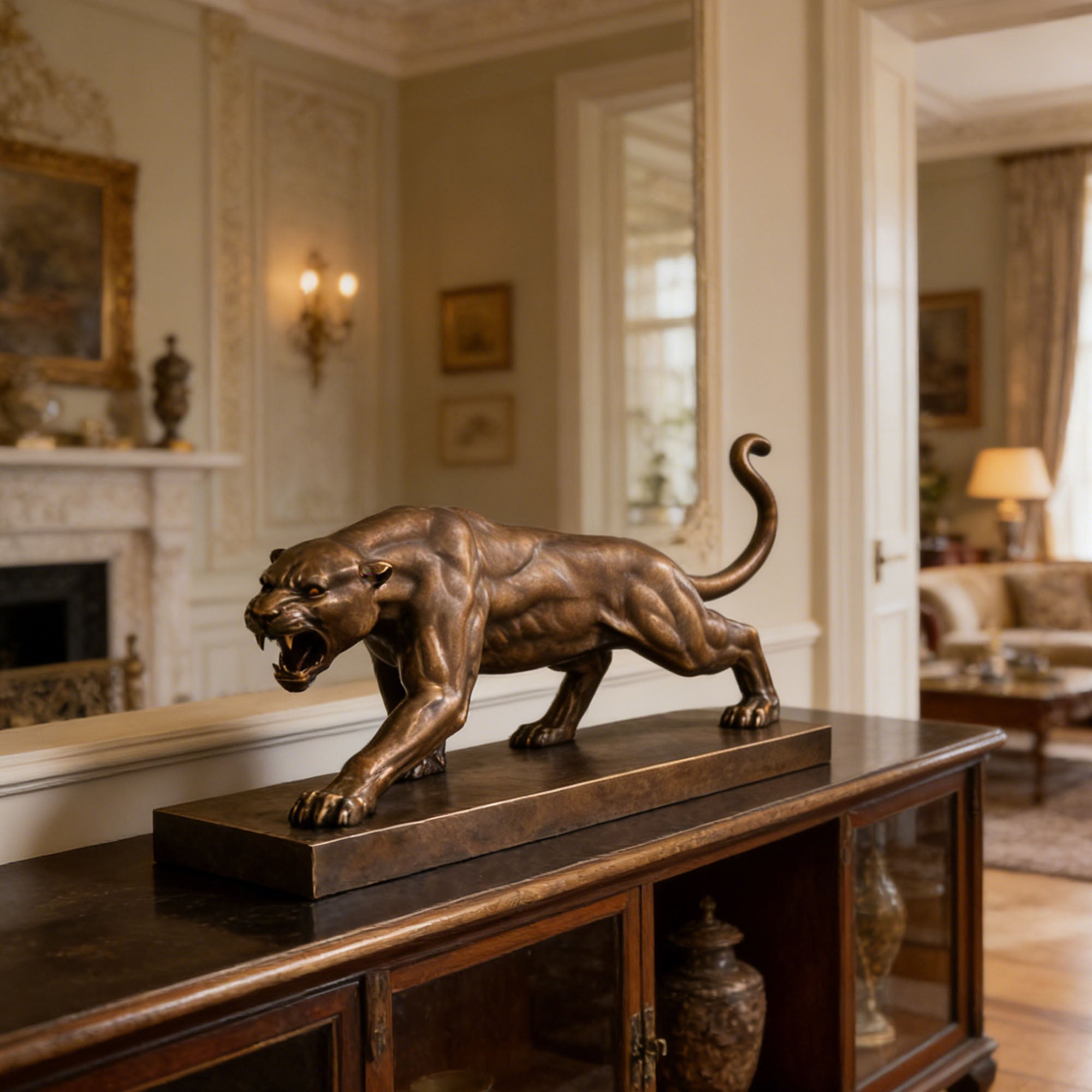 Bronze panther statue on a wooden cabinet in an elegant room.