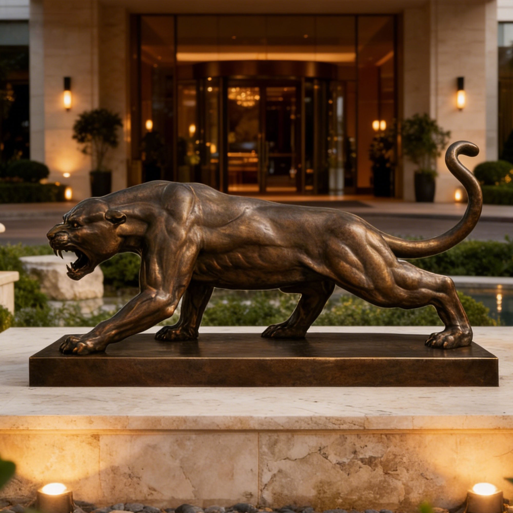 Bronze panther statue in front of a building entrance
