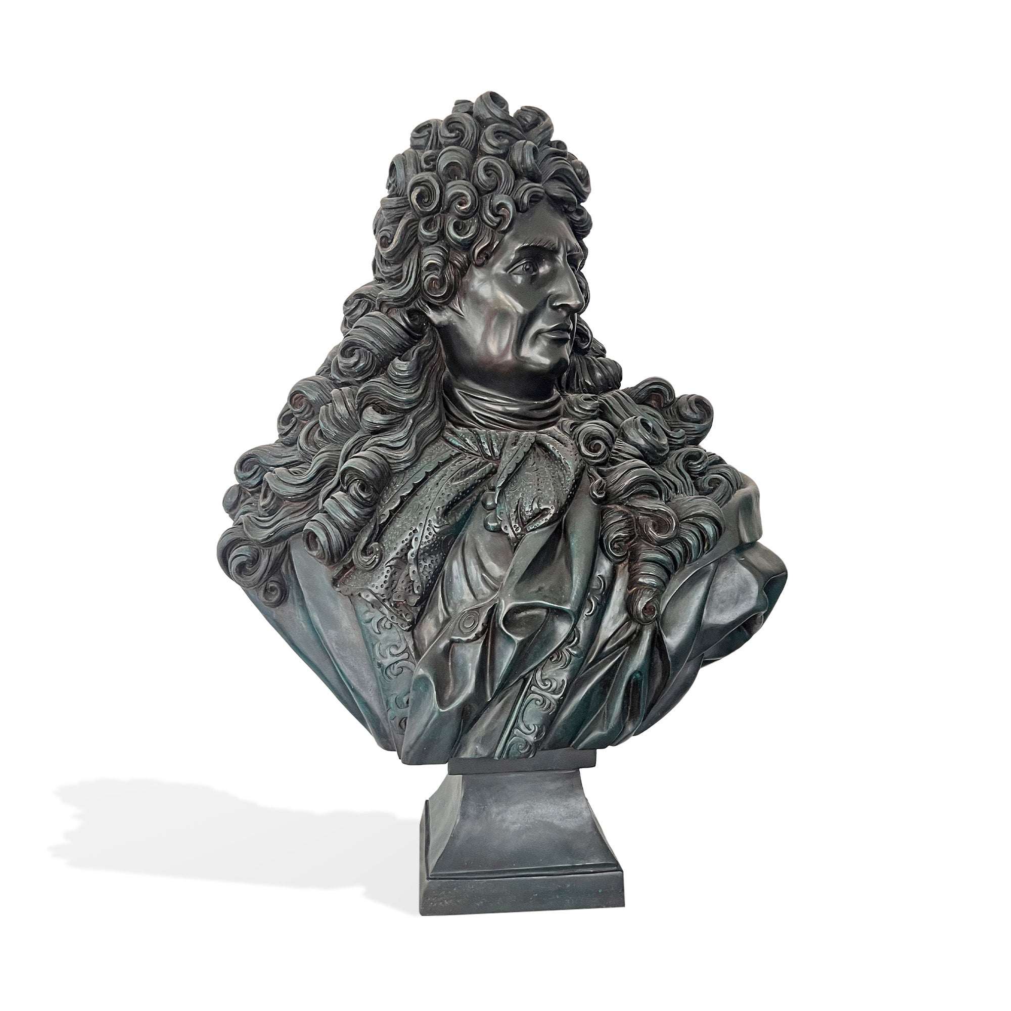 Bronze bust of a man with curly hair on a white background