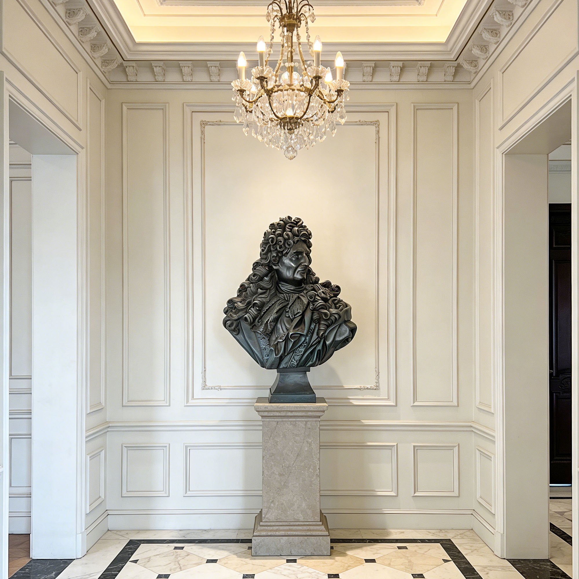 Bust on a pedestal in an elegant hallway with a chandelier