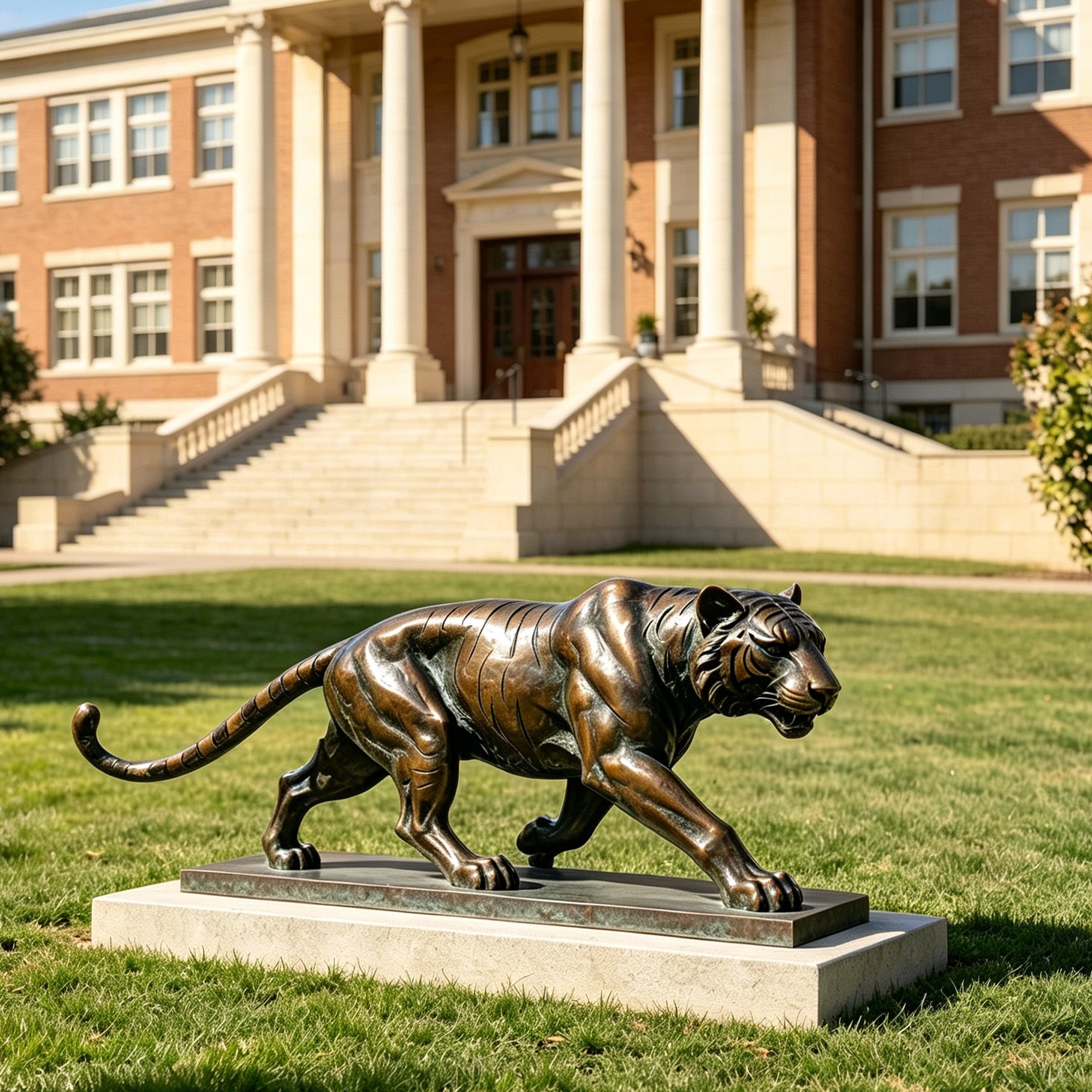 Bronze tiger statue in front of a brick building with columns