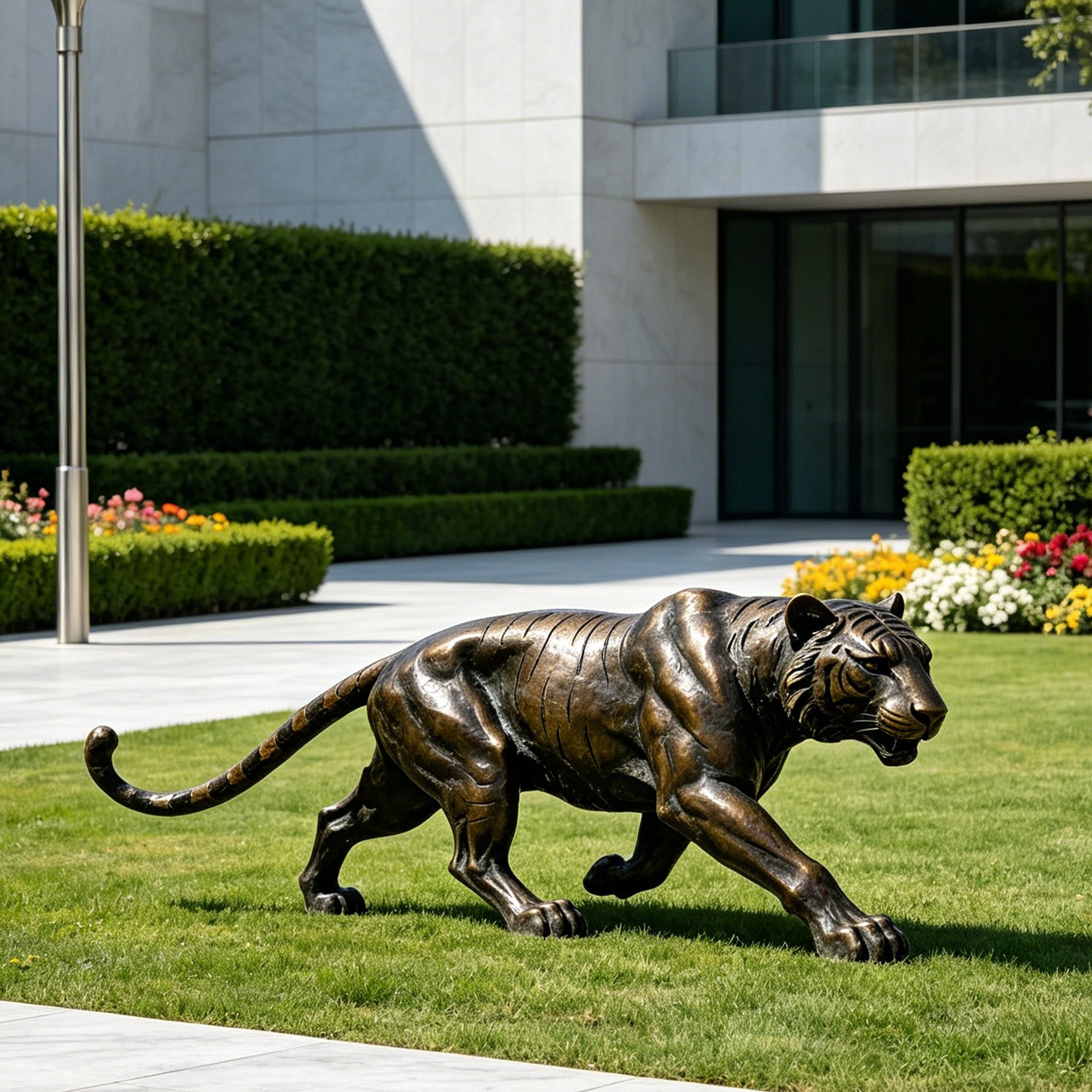 Bronze tiger statue on grass in front of a modern building