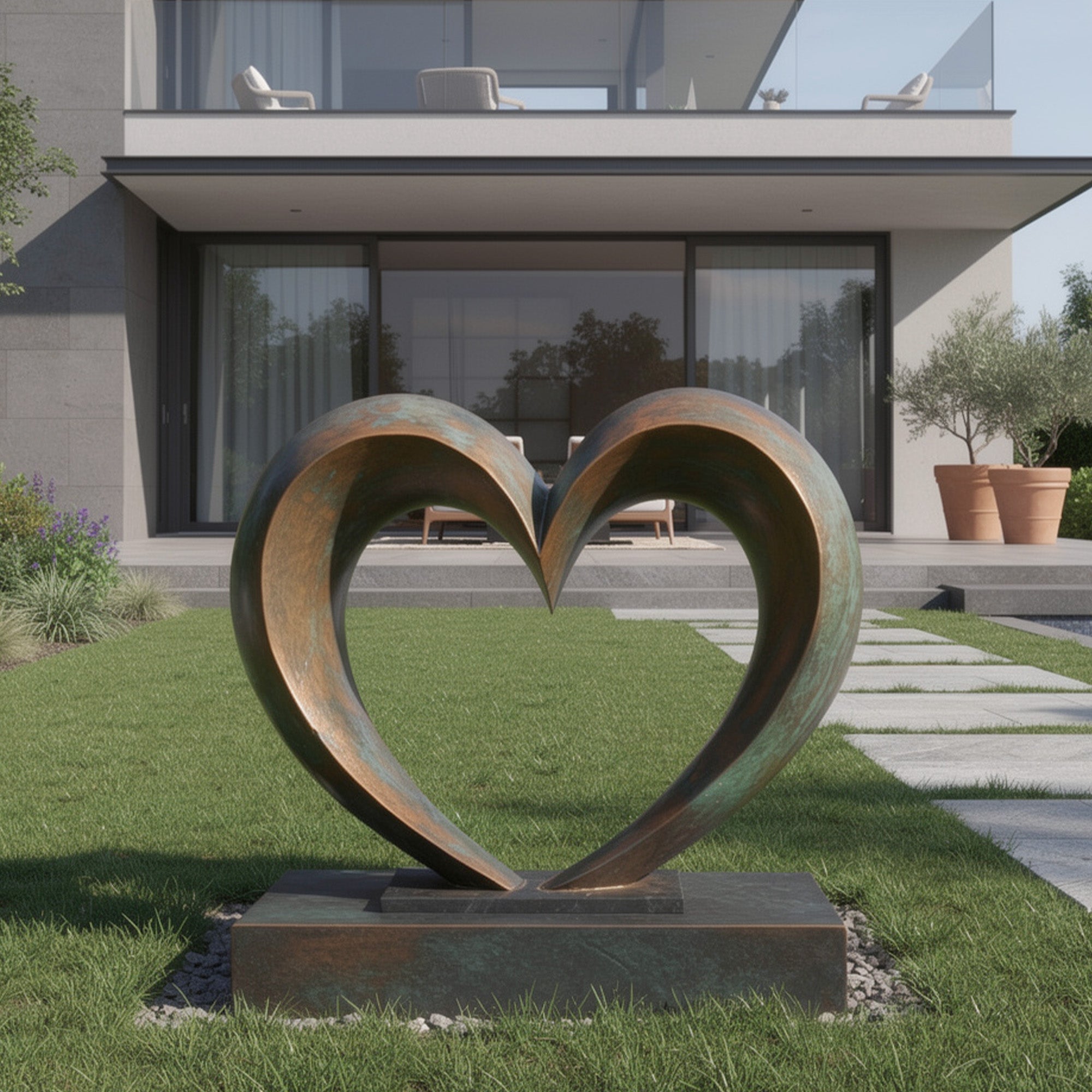 Heart-shaped sculpture in a garden with a modern house in the background